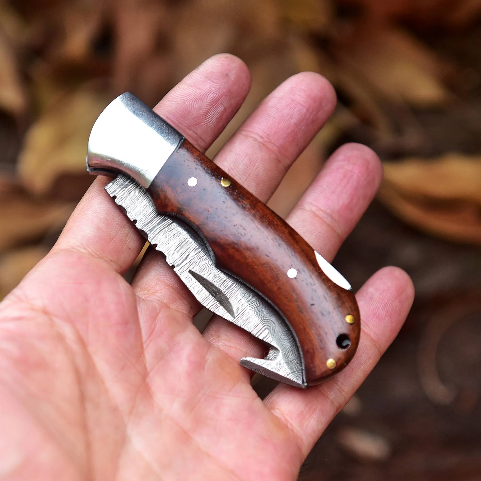 Handmade Damascus Outdoor Camping Folding Gut Hook Blade Pocket Knife - Image 9