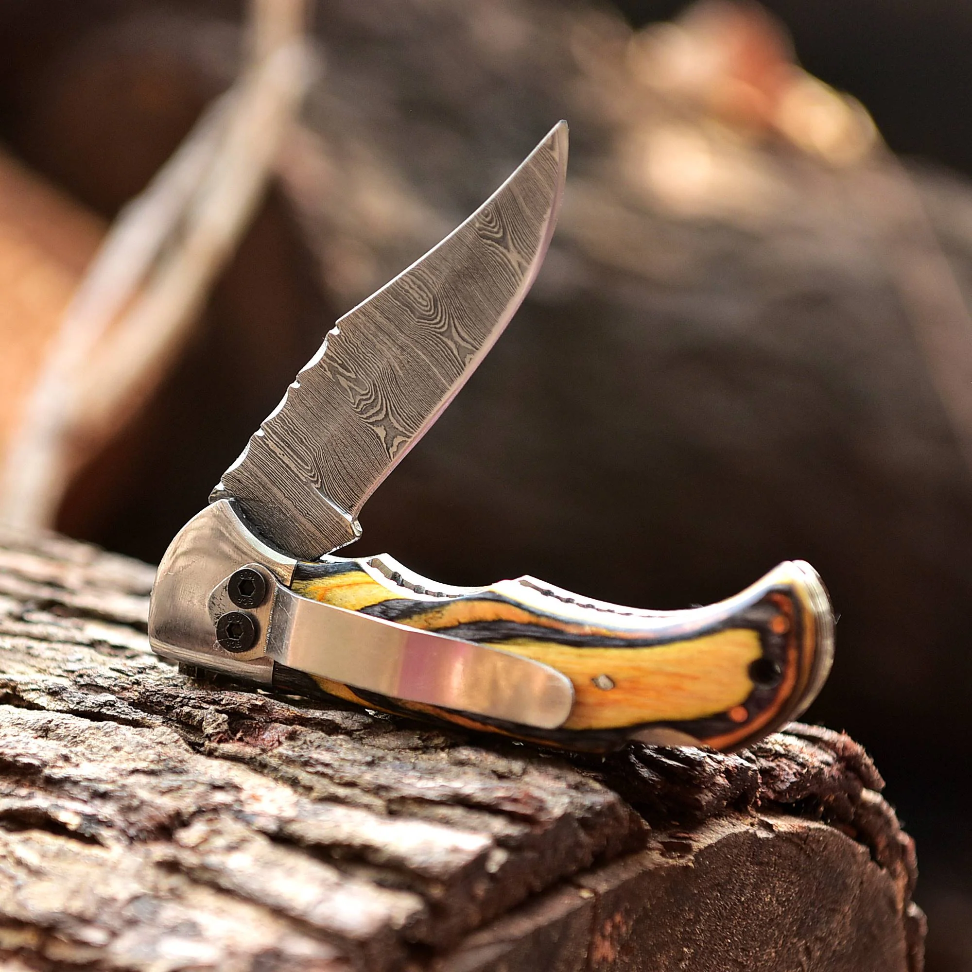 Handmade Damascus Pocket Folding Back Lock Blade Knife - Clip Holder - PakkaWood Handle