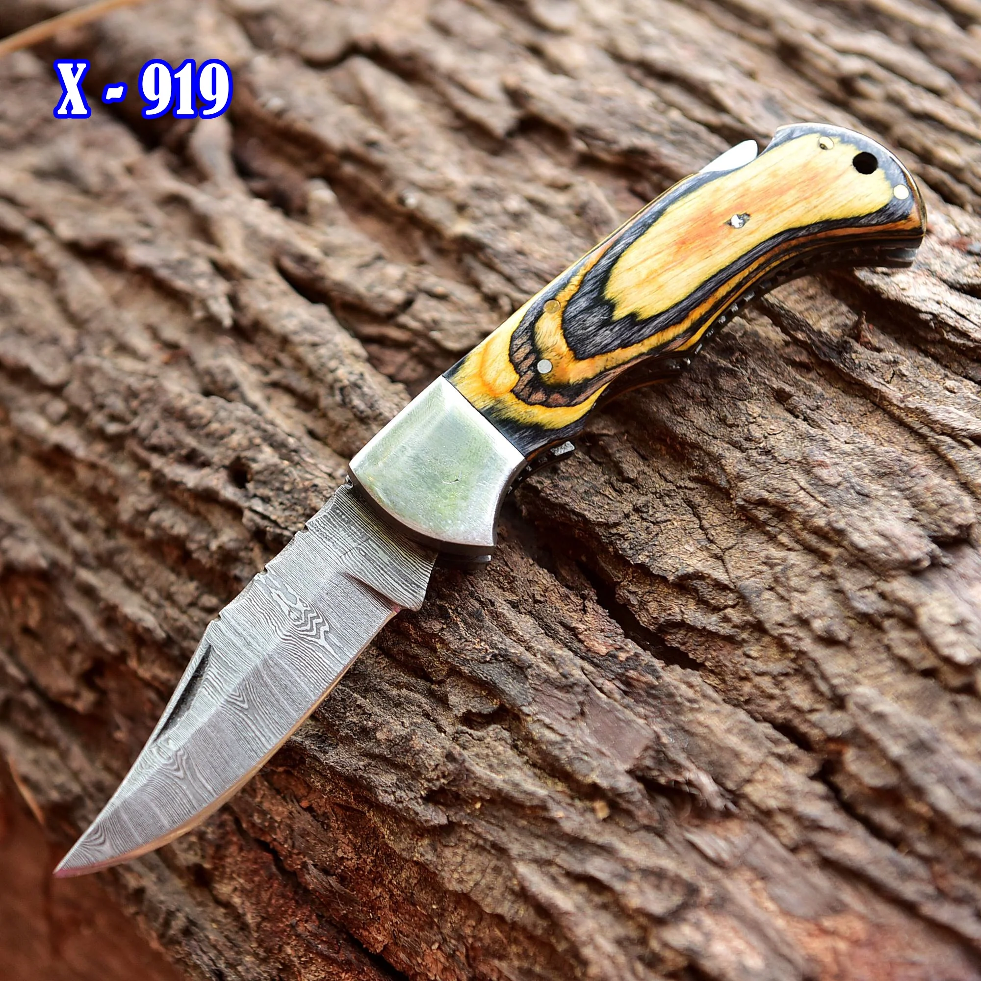 Handmade Damascus Pocket Folding Back Lock Blade Knife - Clip Holder - PakkaWood Handle - Image 4