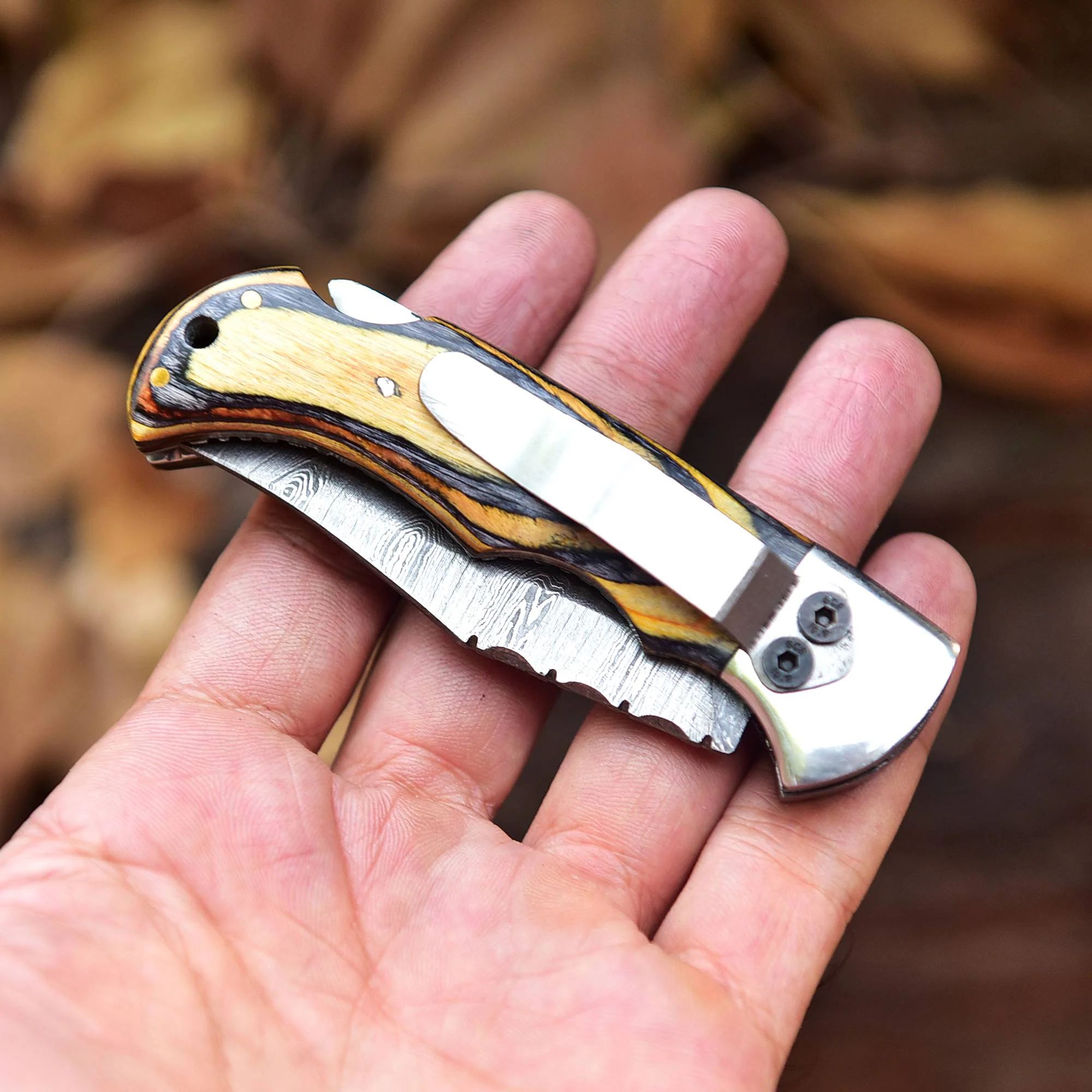 Handmade Damascus Pocket Folding Back Lock Blade Knife - Clip Holder - PakkaWood Handle - Image 5