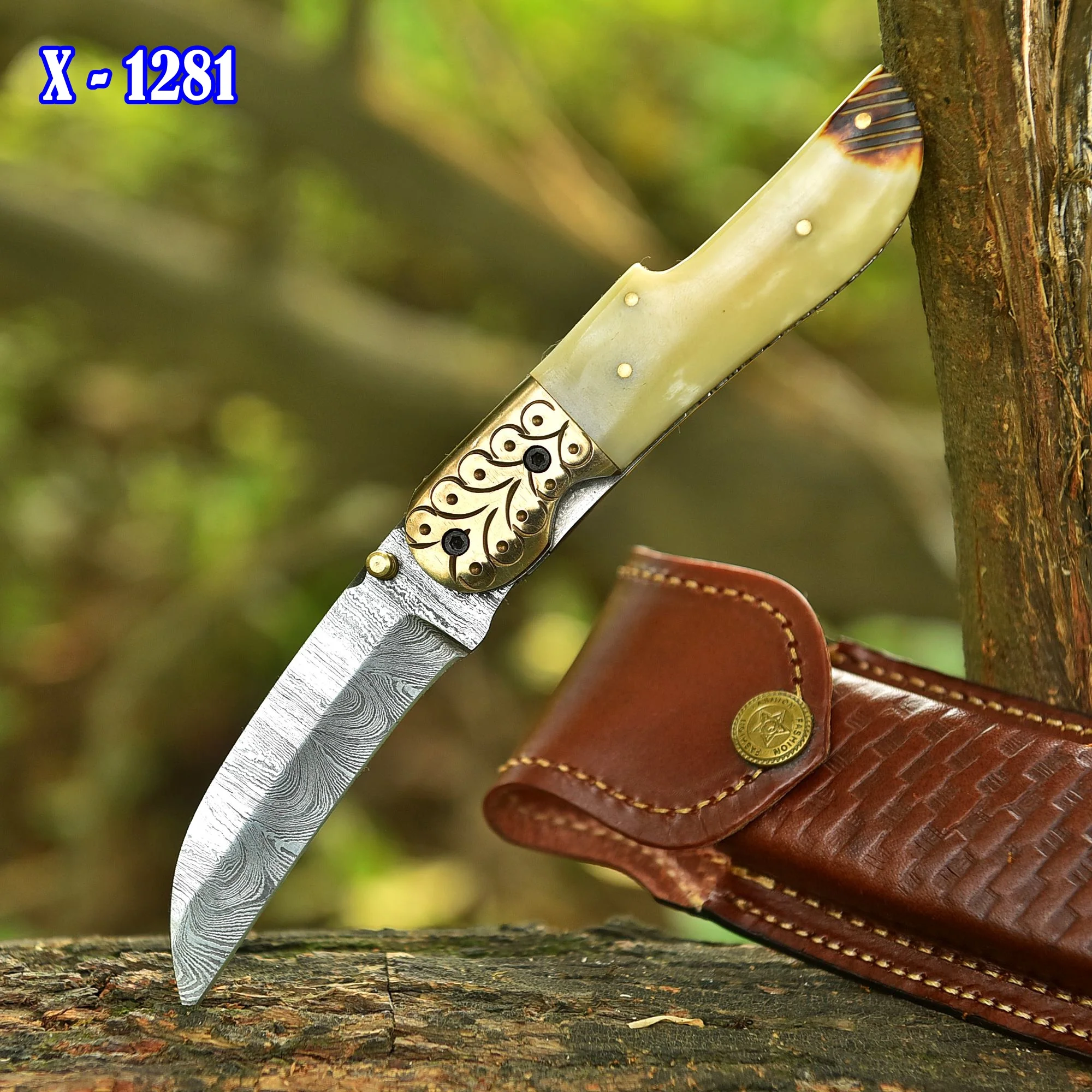 Handmade Damascus Pocket Folding Blade Adventure Knife Camel Bone Handle - Image 2