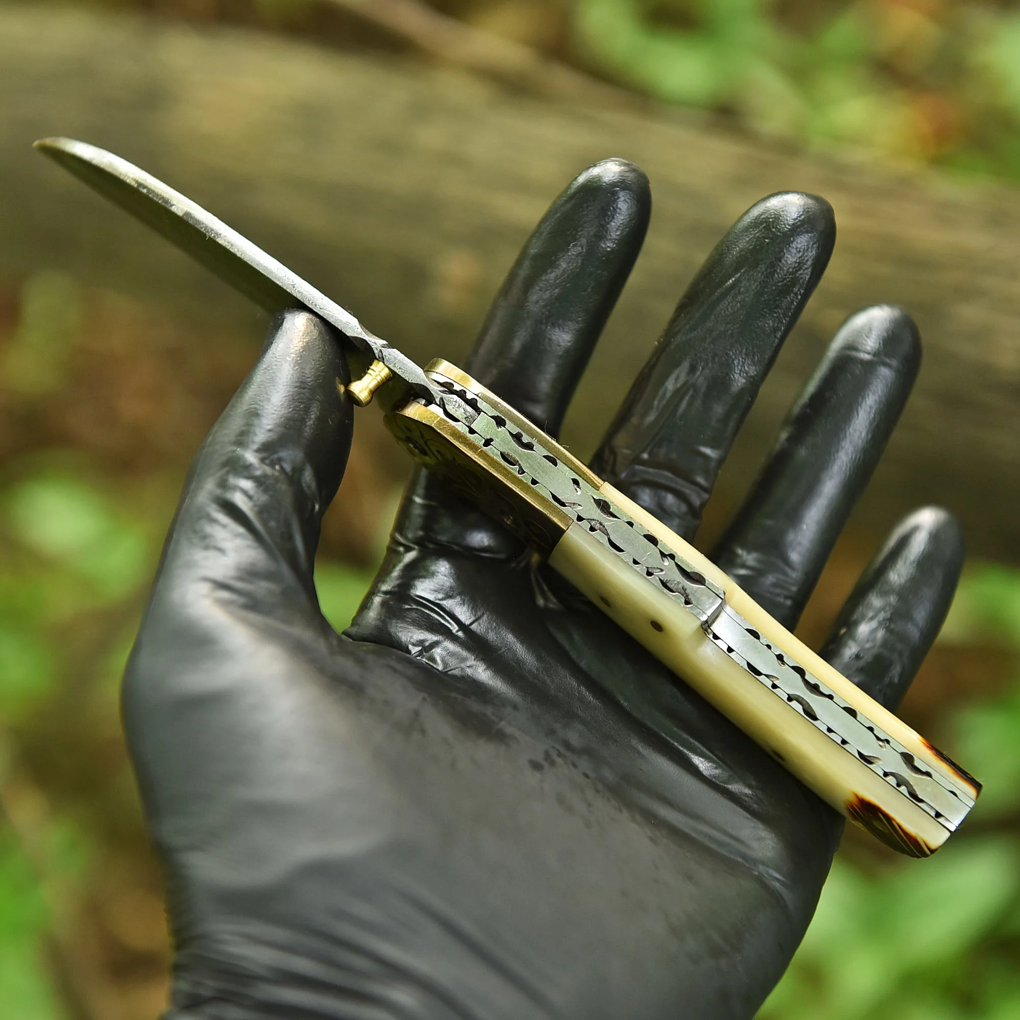 Handmade Damascus Pocket Folding Blade Adventure Knife Camel Bone Handle - Image 3