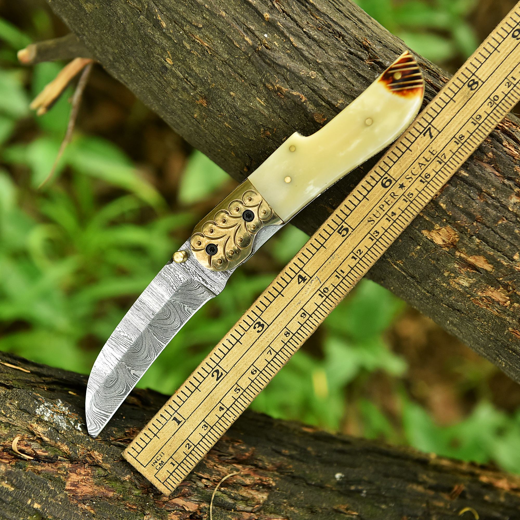 Handmade Damascus Pocket Folding Blade Adventure Knife Camel Bone Handle - Image 4