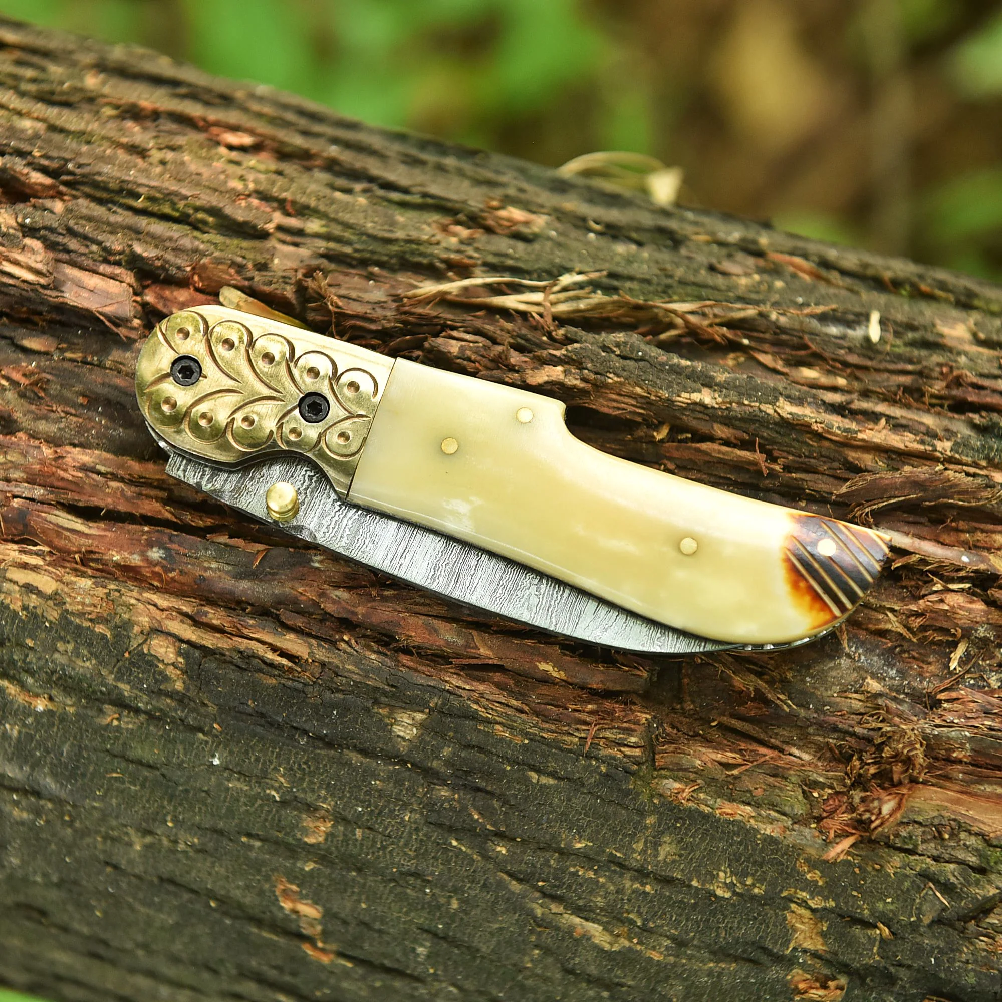 Handmade Damascus Pocket Folding Blade Adventure Knife Camel Bone Handle - Image 6