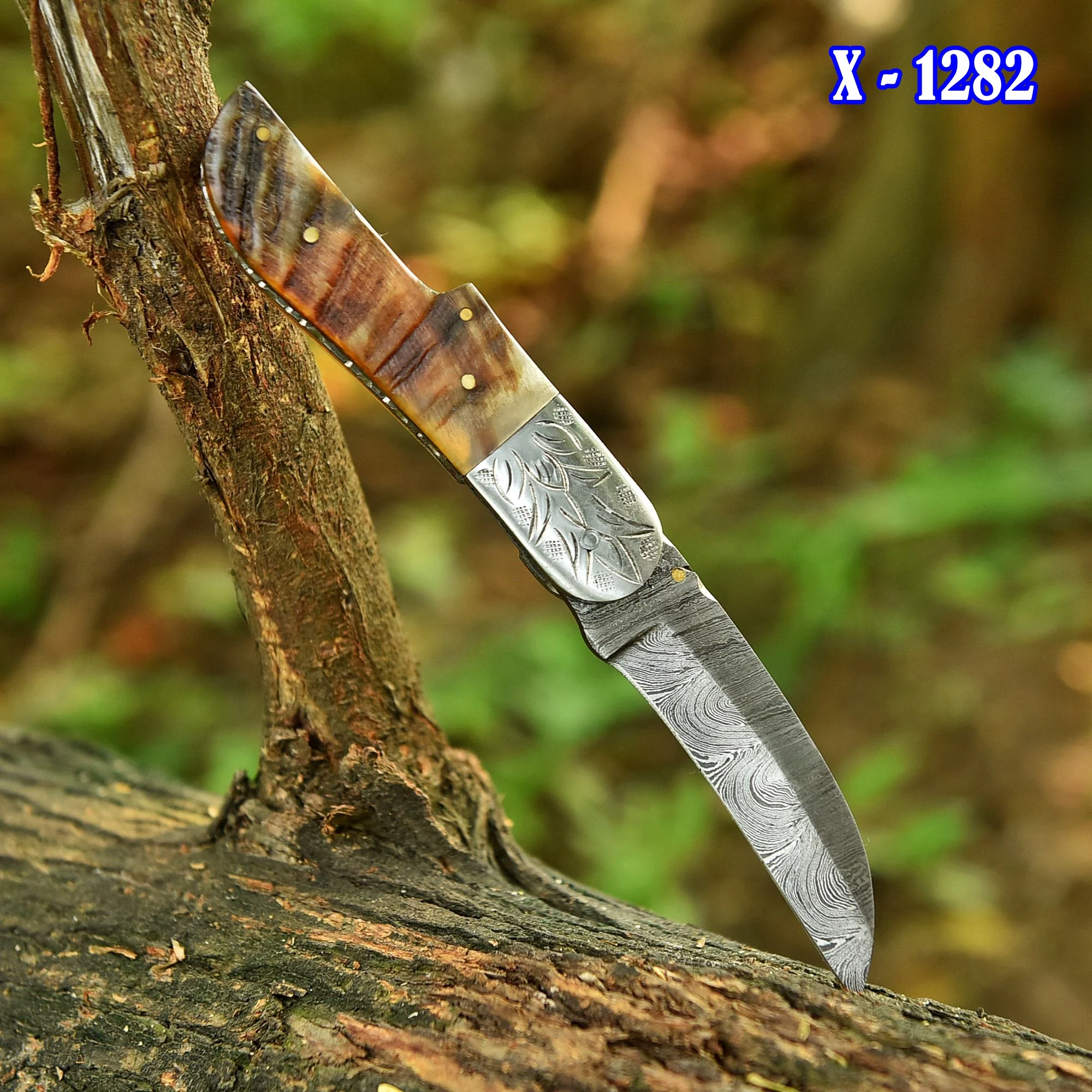 Handmade Damascus Pocket Folding Blade Camping Knife Ram Horn Handle - Image 2