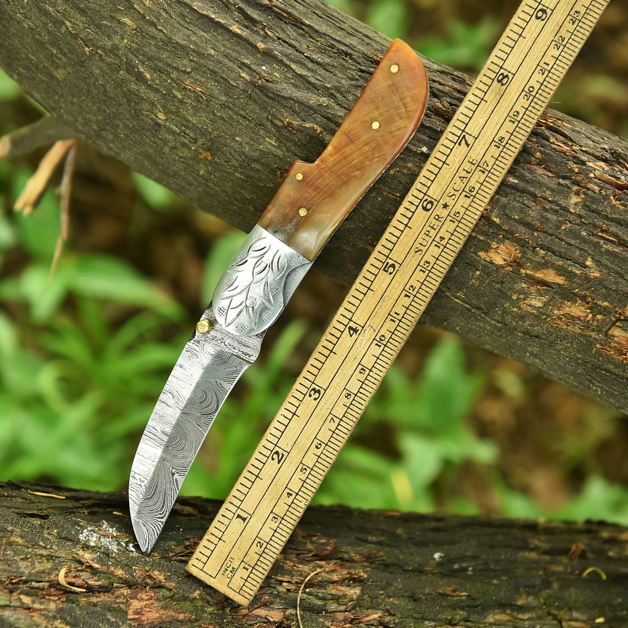 Handmade Damascus Pocket Folding Blade Camping Knife Ram Horn Handle - Image 4