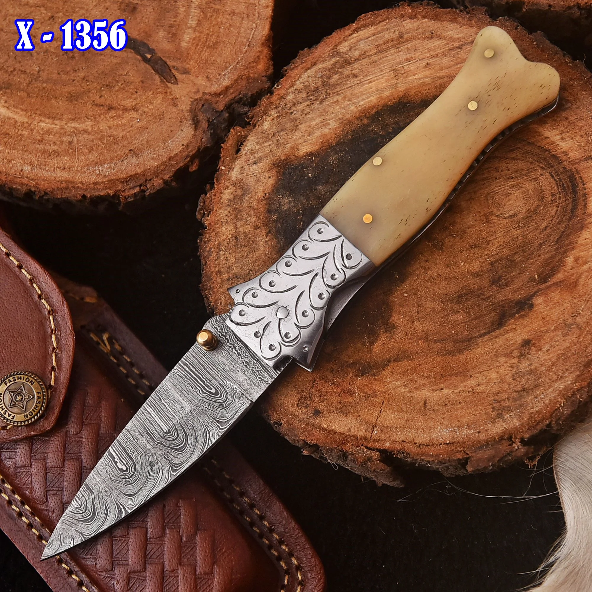 Handmade Damascus Pocket Folding Blade Knife Camel Bone Handle Camping Knife - Image 2