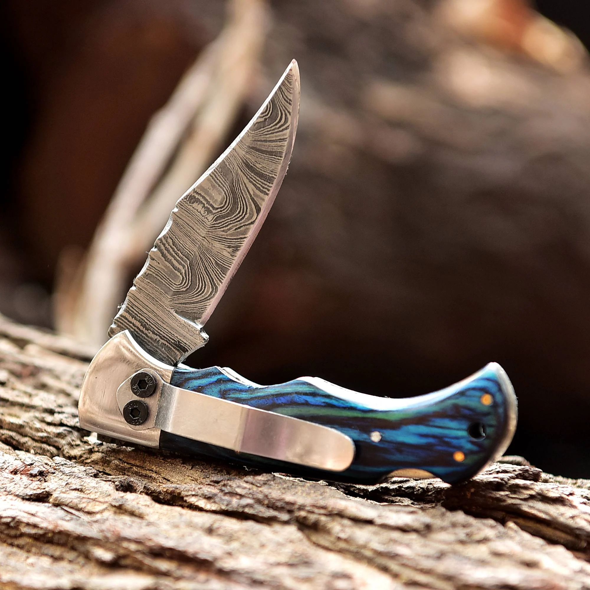 Handmade Damascus Pocket Folding Blade Knife - Clip Holder - Blue PakkaWood Handle - Image 2