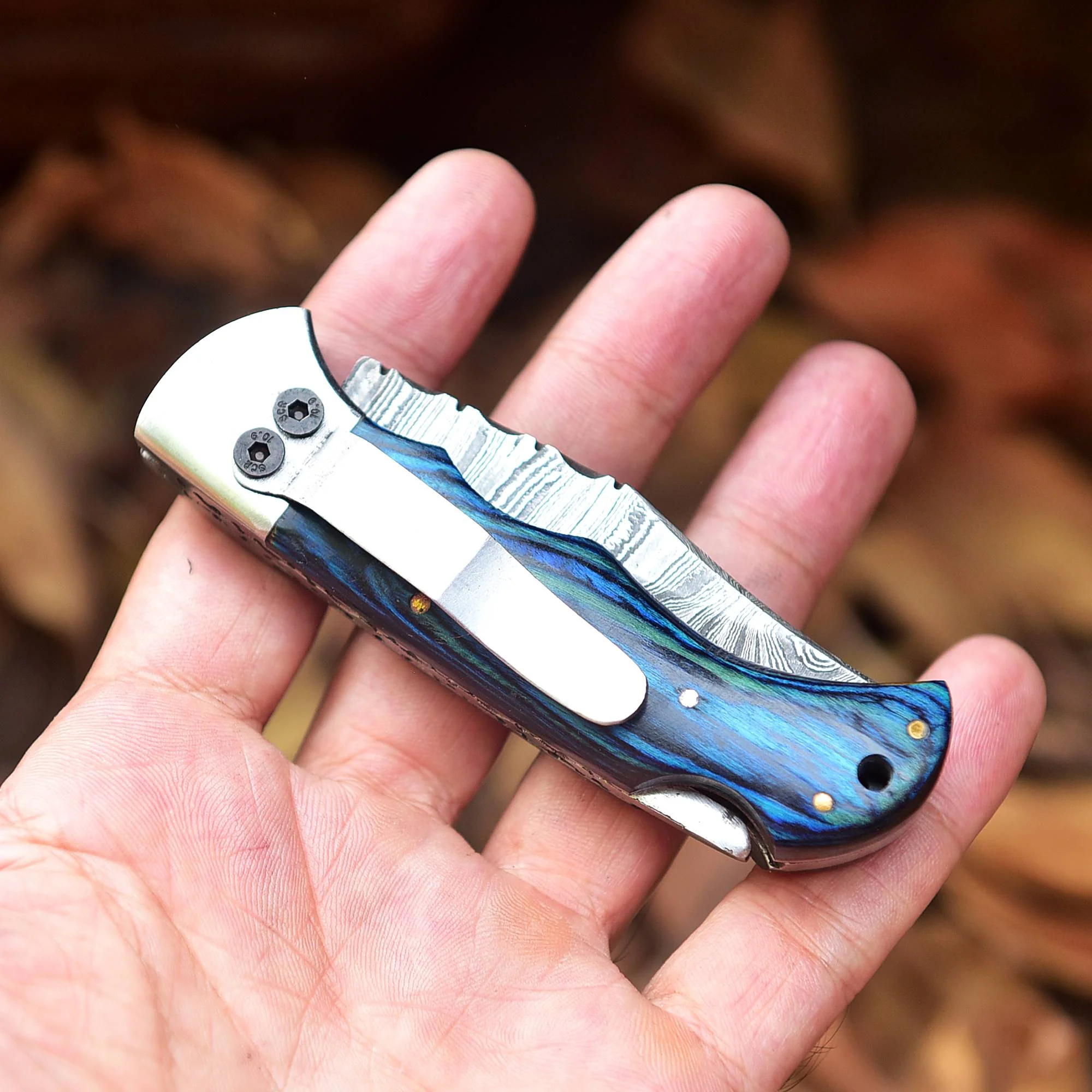 Handmade Damascus Pocket Folding Blade Knife - Clip Holder - Blue PakkaWood Handle - Image 3