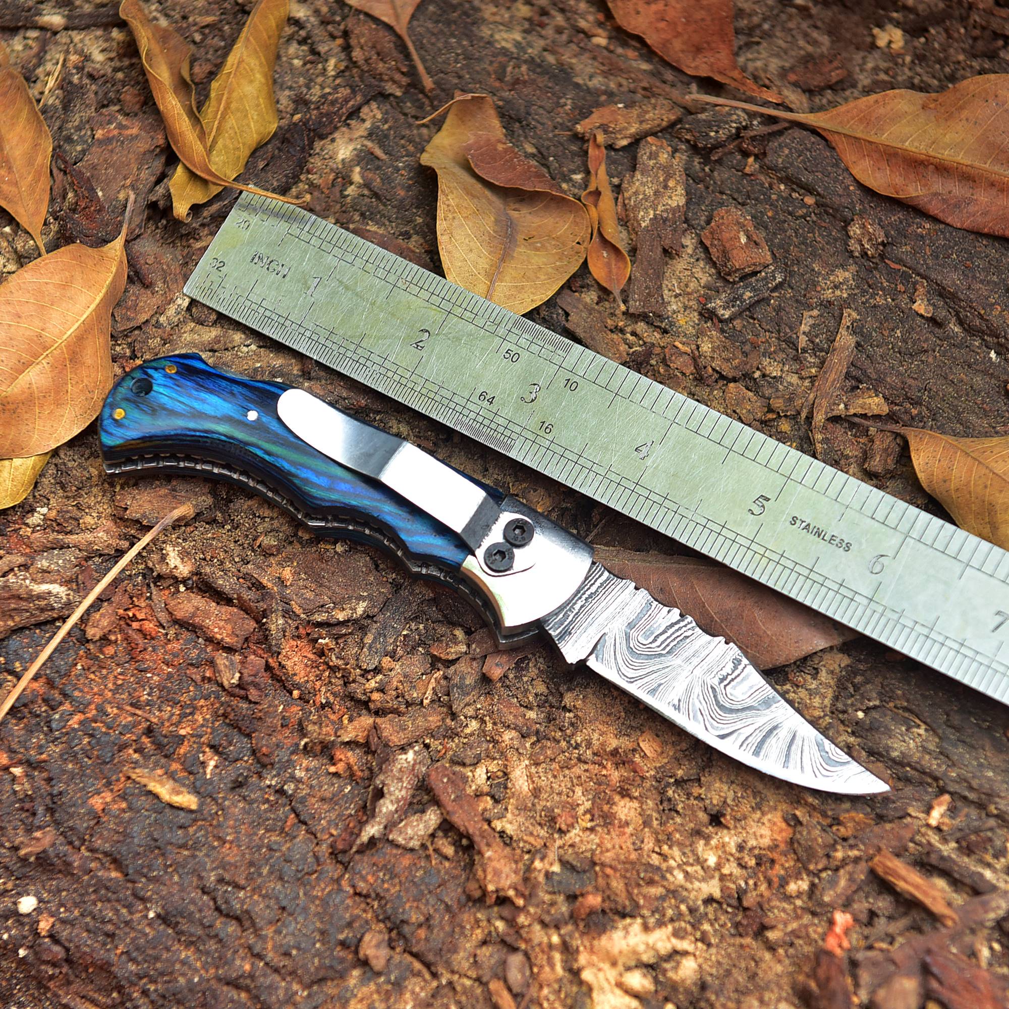 Handmade Damascus Pocket Folding Blade Knife - Clip Holder - Blue PakkaWood Handle - Image 5