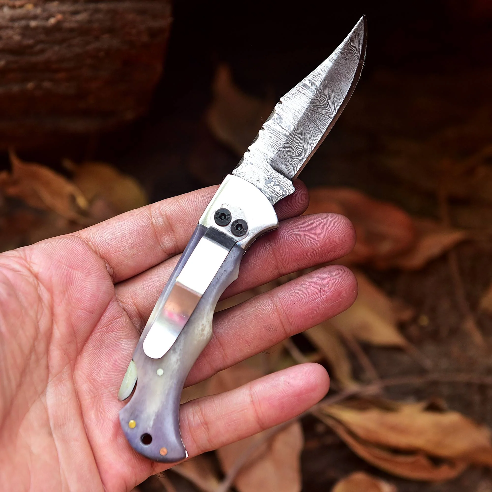 Handmade Damascus Pocket Folding Blade Knife - Clip Holder - Gray Bone Handle - Image 4