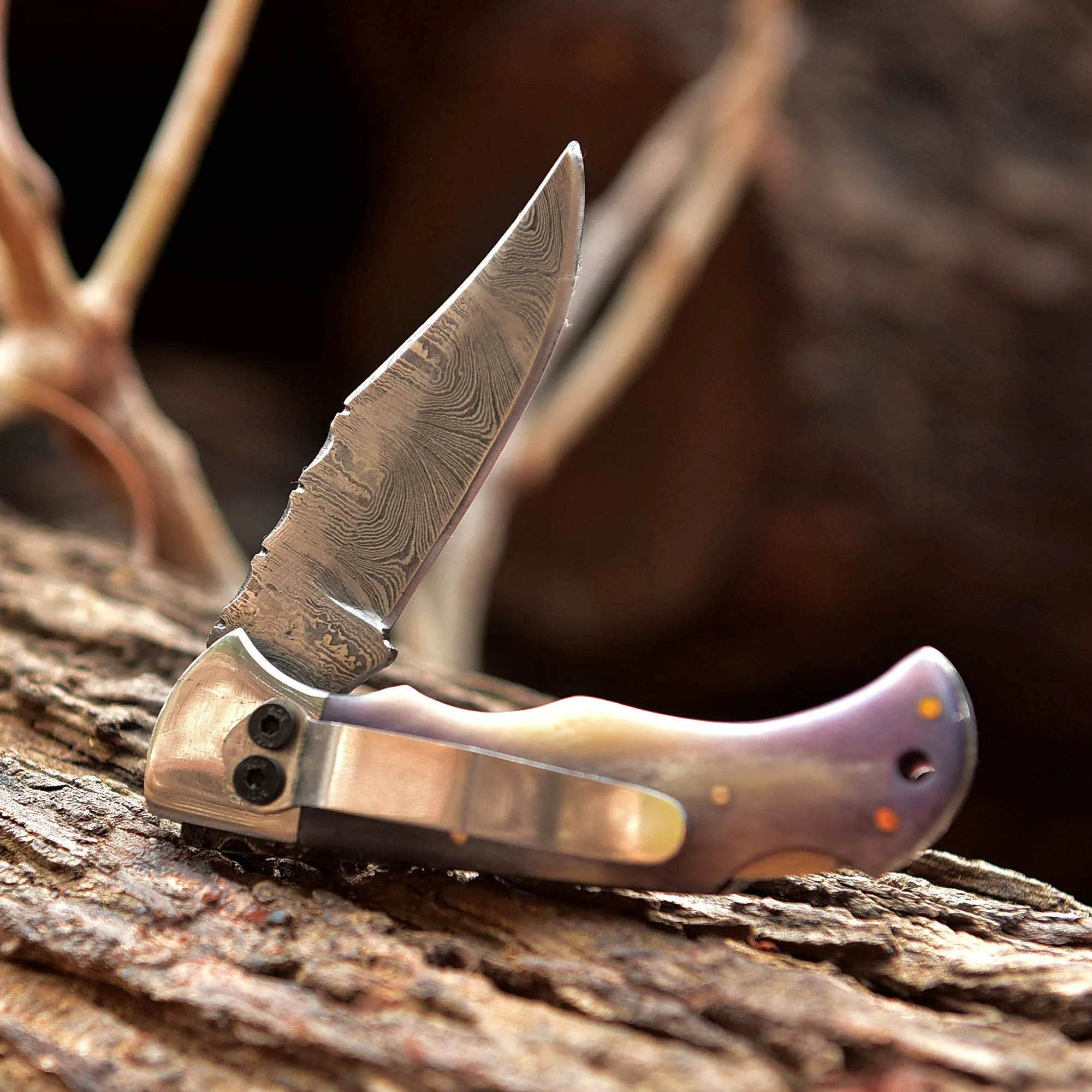 Handmade Damascus Pocket Folding Blade Knife - Clip Holder - Gray Bone Handle - Image 5