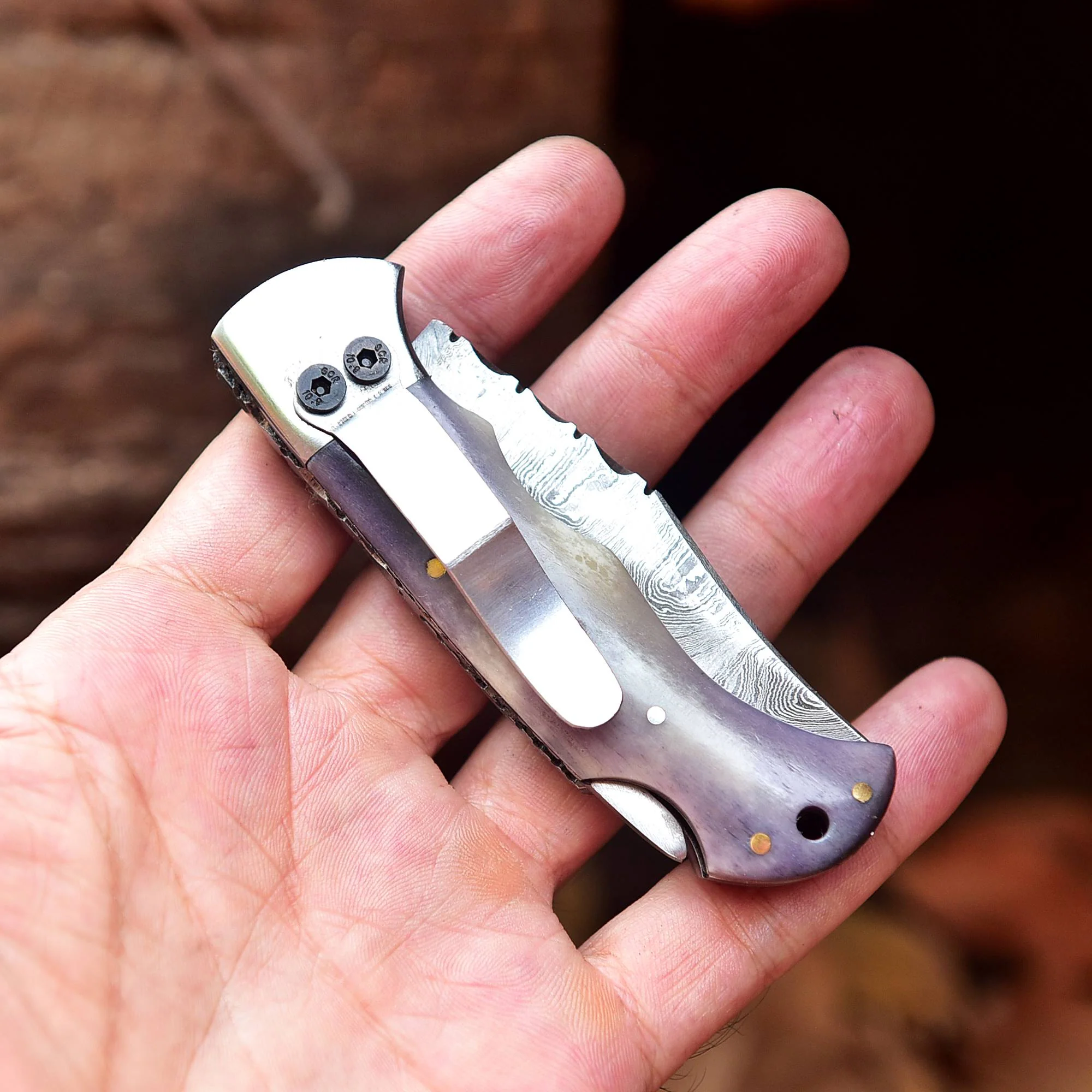 Handmade Damascus Pocket Folding Blade Knife - Clip Holder - Gray Bone Handle - Image 6