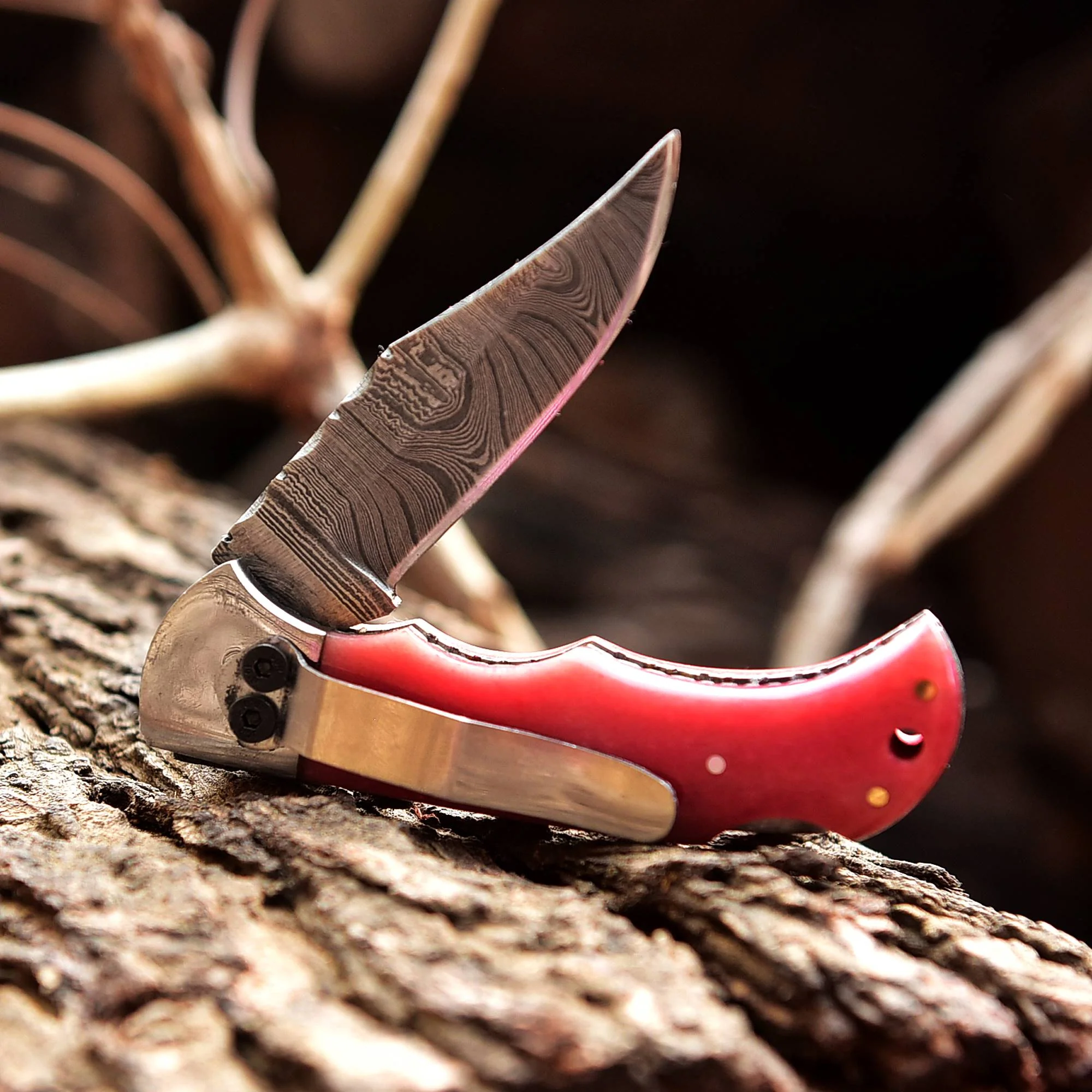 Handmade Damascus Pocket Folding Blade Knife - Clip Holder - Pink Bone Handle - Image 2