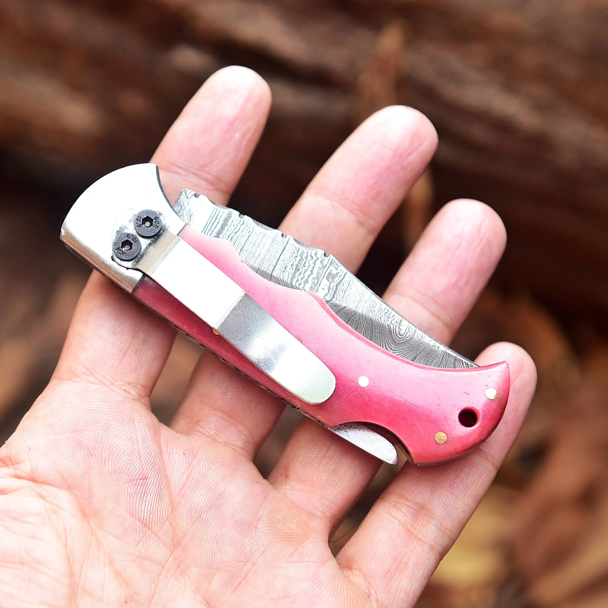 Handmade Damascus Pocket Folding Blade Knife - Clip Holder - Pink Bone Handle - Image 3