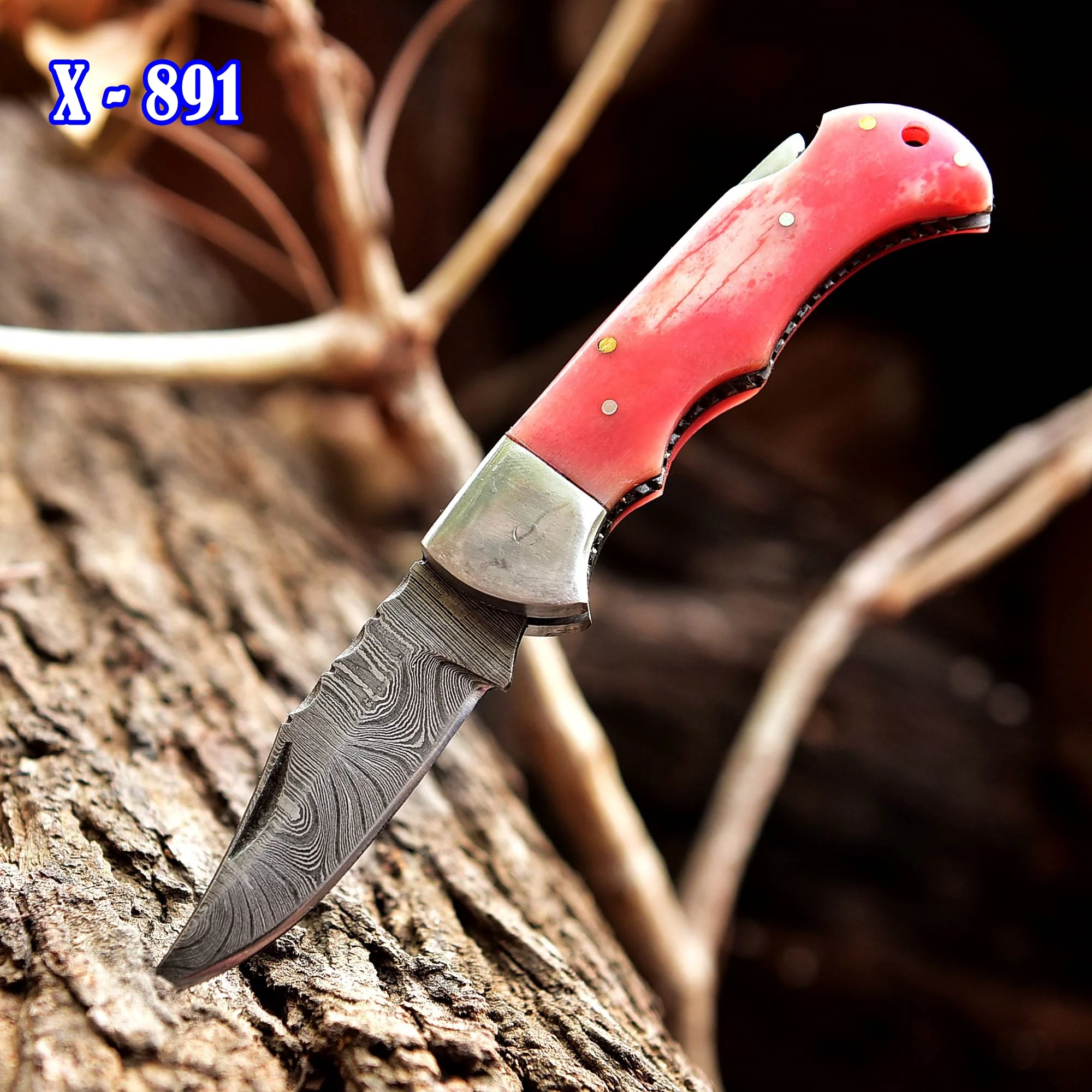 Handmade Damascus Pocket Folding Blade Knife - Clip Holder - Pink Bone Handle - Image 4