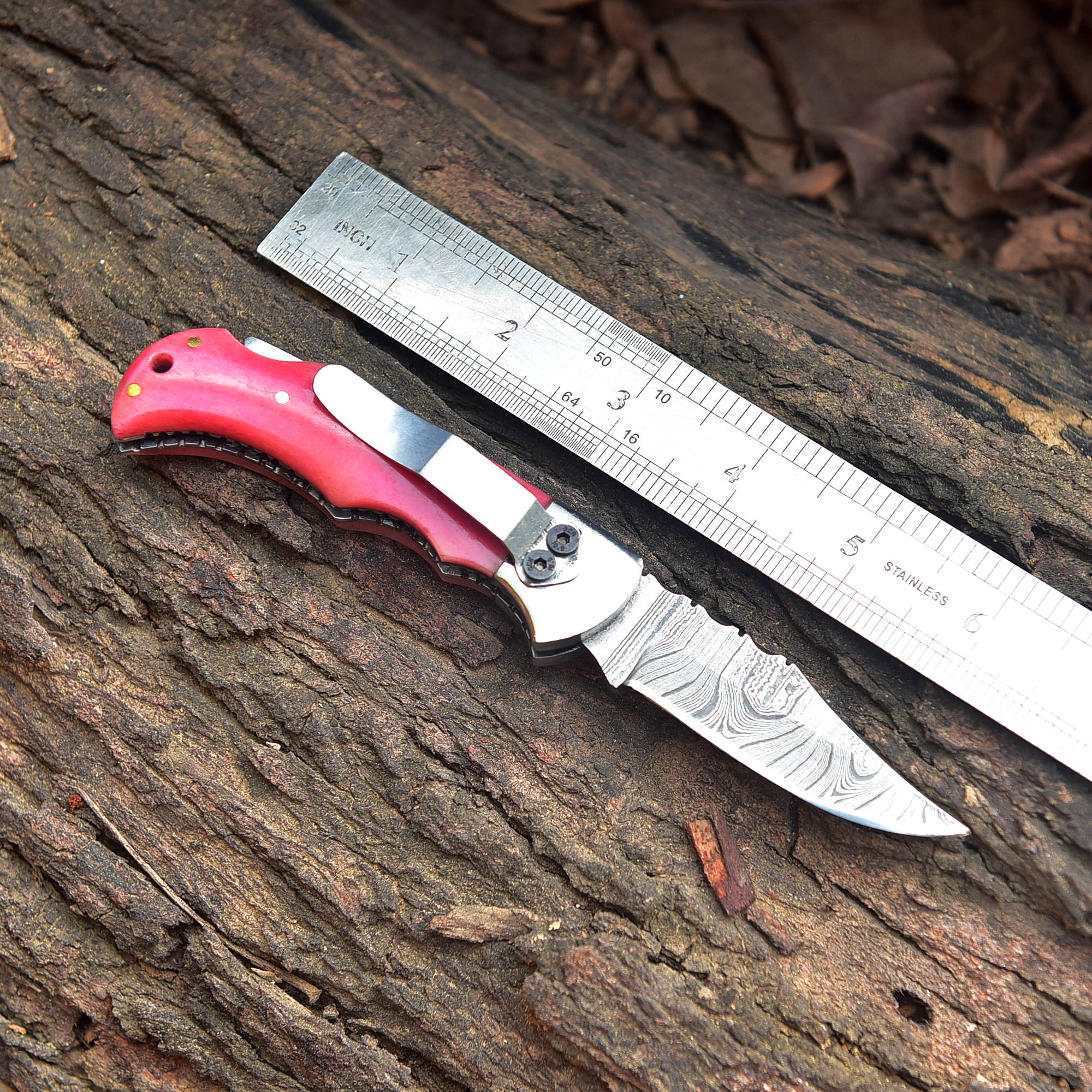 Handmade Damascus Pocket Folding Blade Knife - Clip Holder - Pink Bone Handle - Image 5