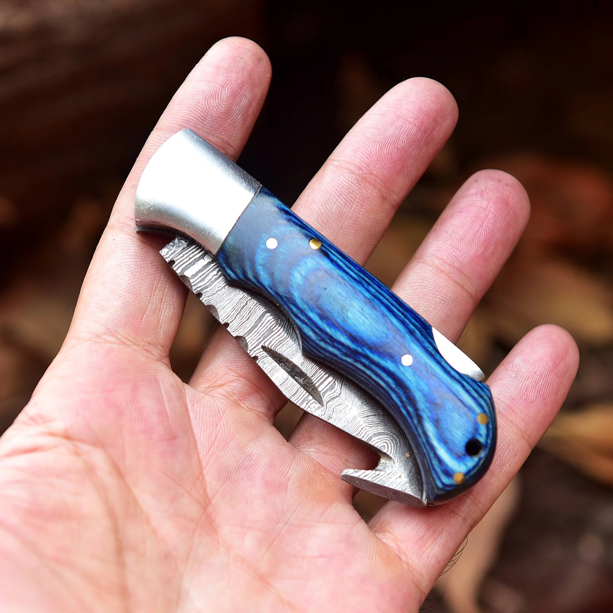 Handmade Damascus Pocket Folding Guthook Blade Knife - Blue PakkaWood Handle - Image 3