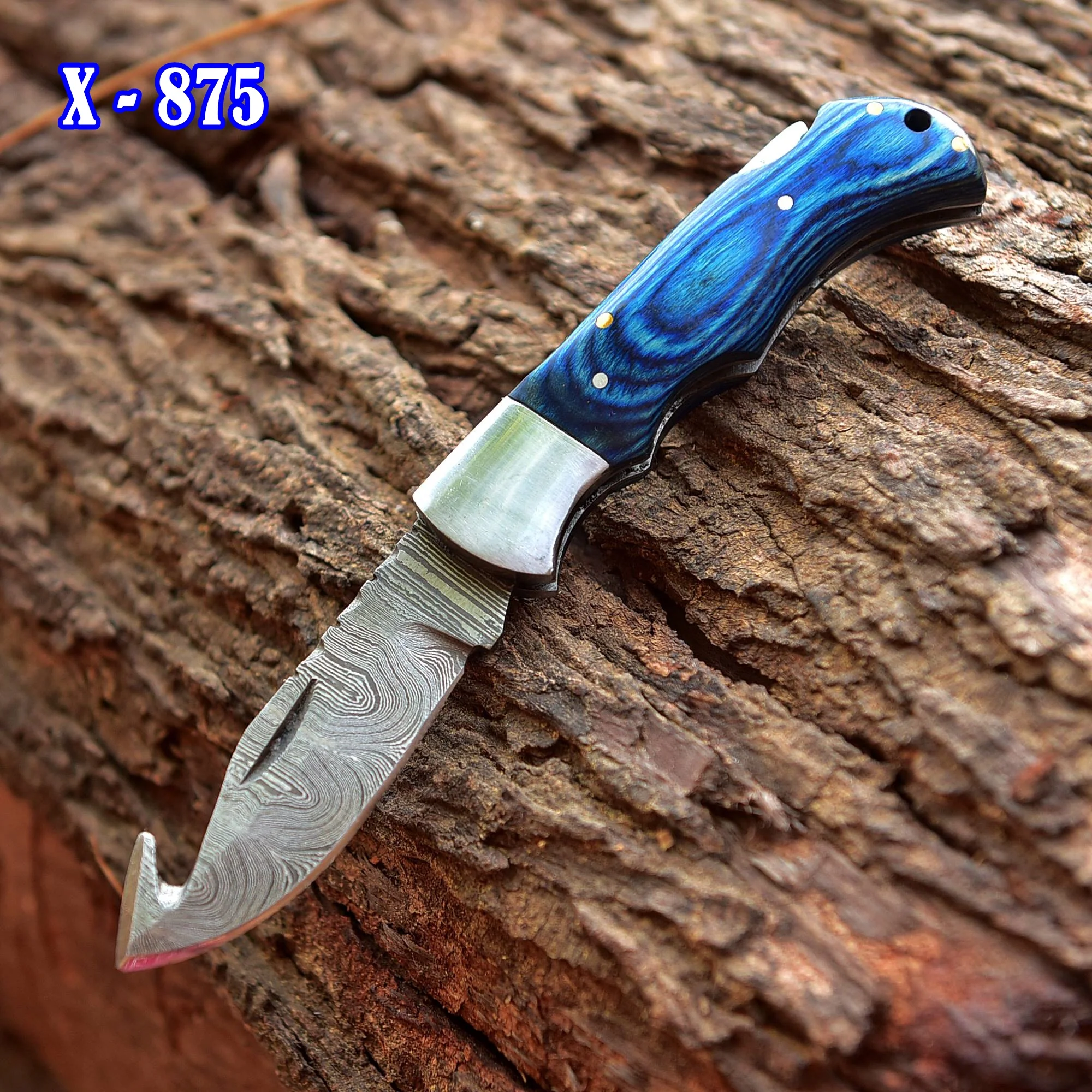 Handmade Damascus Pocket Folding Guthook Blade Knife - Blue PakkaWood Handle - Image 4