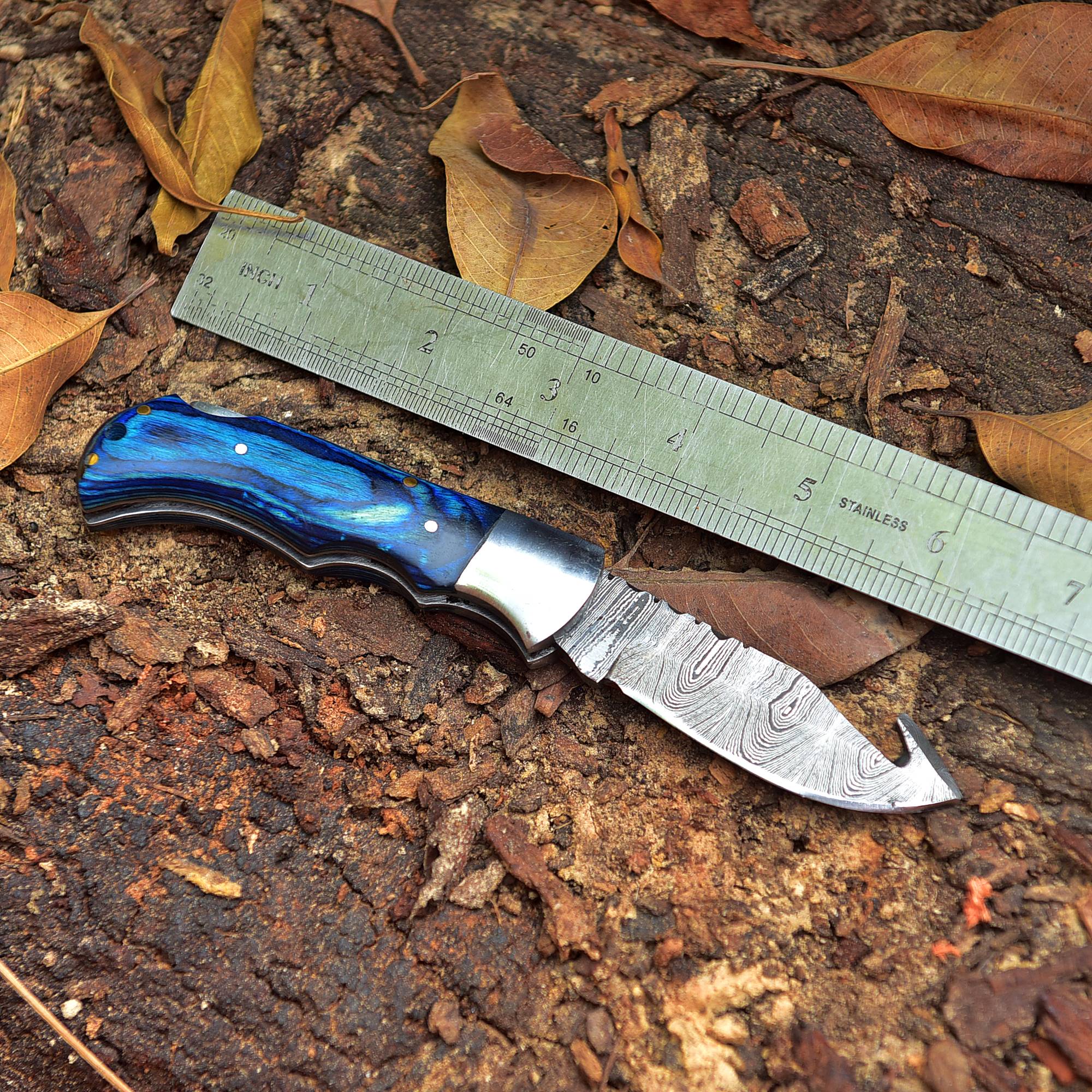 Handmade Damascus Pocket Folding Guthook Blade Knife - Blue PakkaWood Handle - Image 5