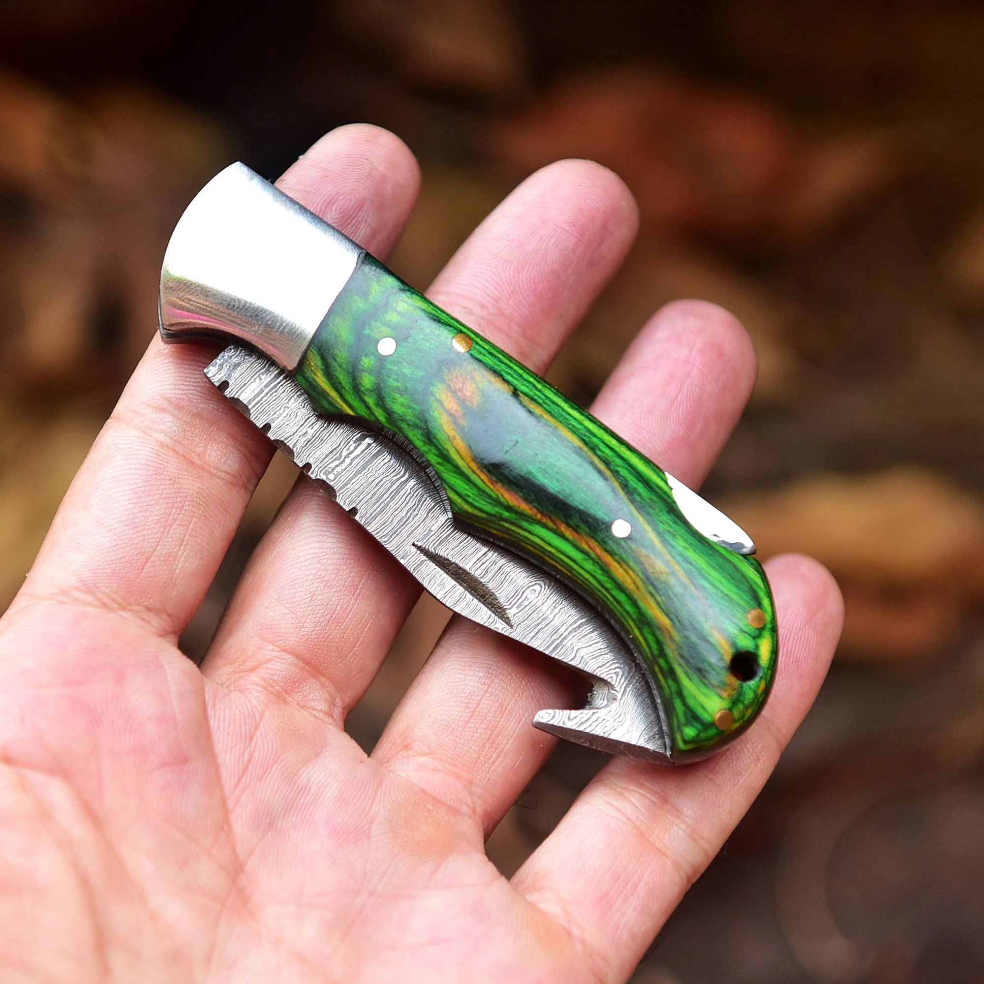 Handmade Damascus Pocket Folding Guthook Blade Knife - Green PakkaWood Handle - Image 6