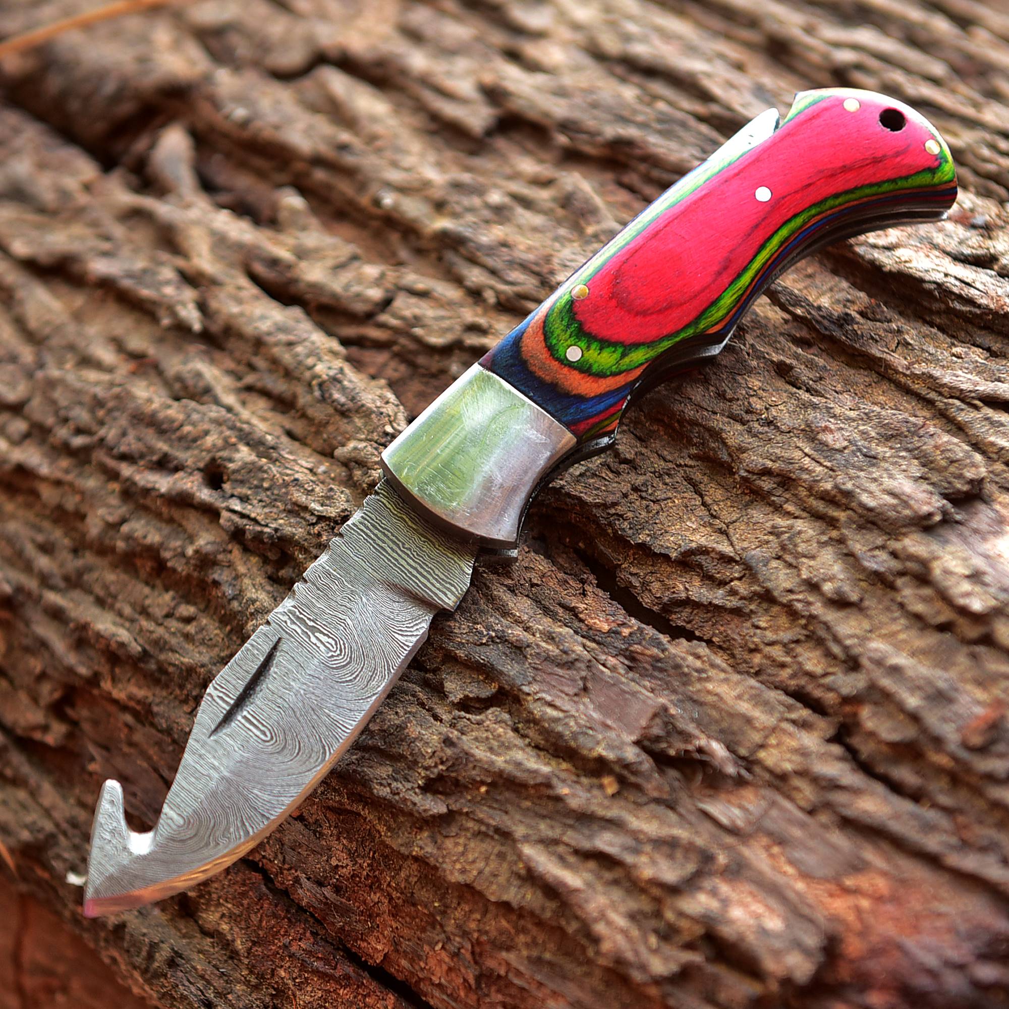 Handmade Damascus Pocket Folding Guthook Blade Knife - Multi PakkaWood Handle - Image 3