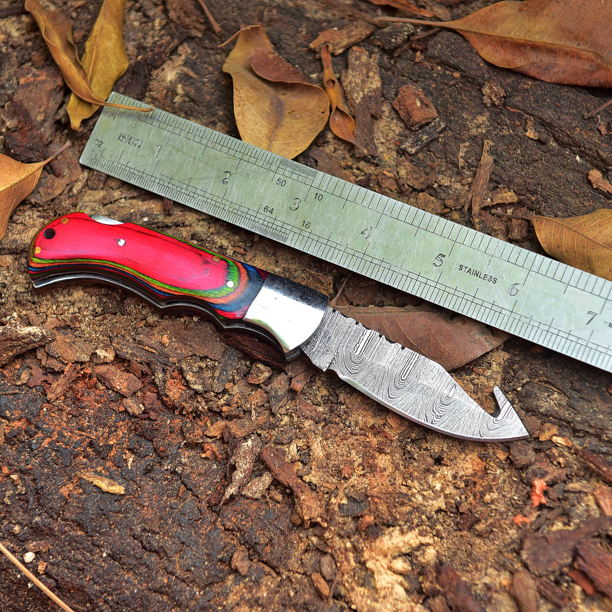 Handmade Damascus Pocket Folding Guthook Blade Knife - Multi PakkaWood Handle - Image 4