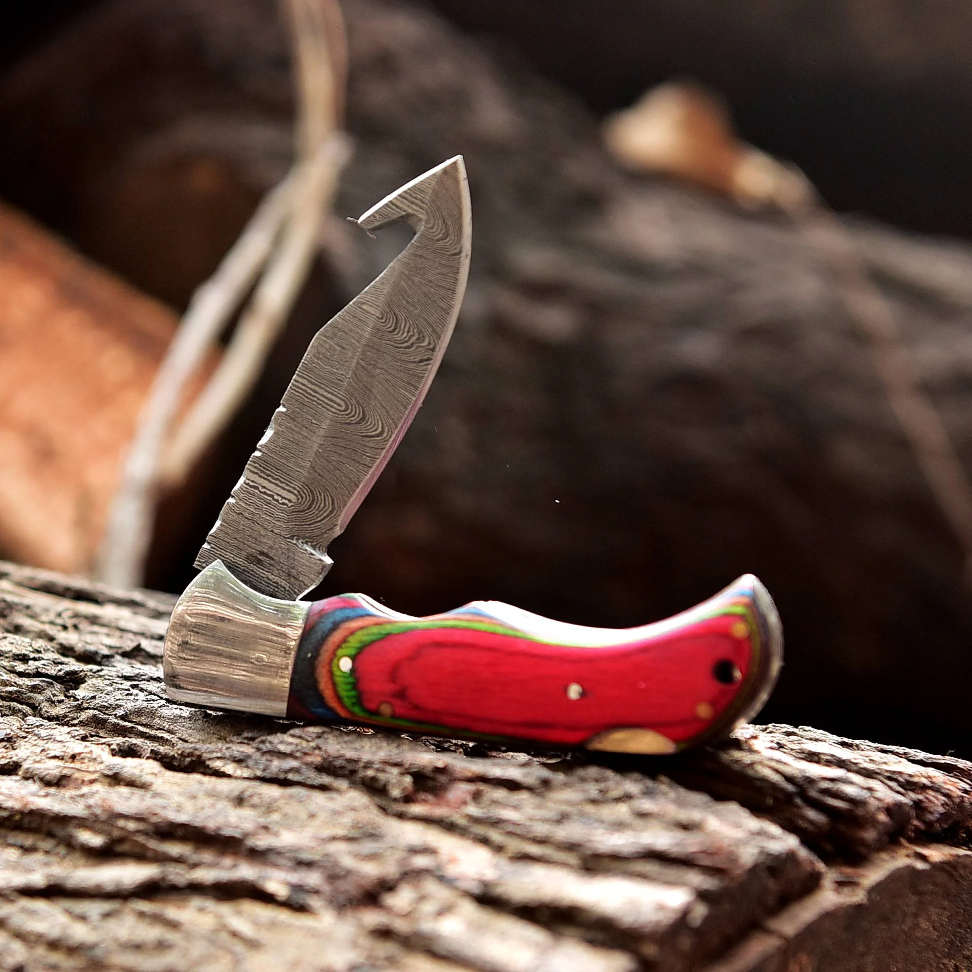 Handmade Damascus Pocket Folding Guthook Blade Knife - Multi PakkaWood Handle - Image 5