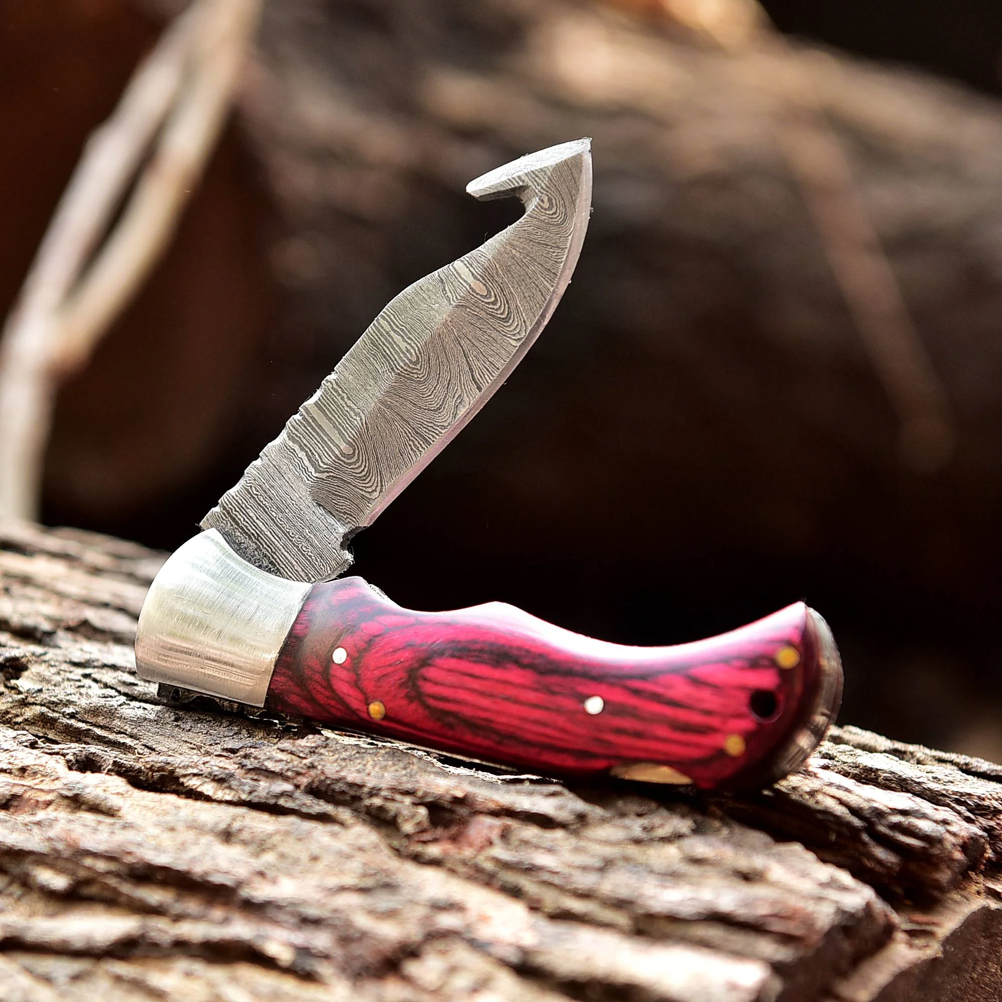 Handmade Damascus Pocket Folding Guthook Blade Knife - Red PakkaWood Handle