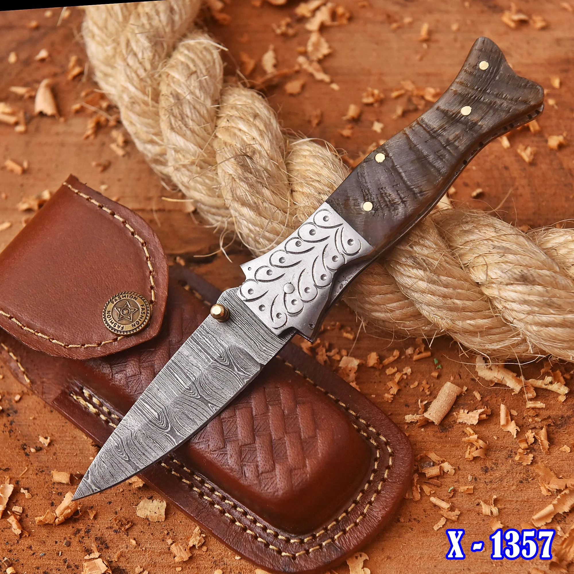 Handmade Damascus Pocket Folding Knife Ram Horn Handle Camping Knife - Image 2