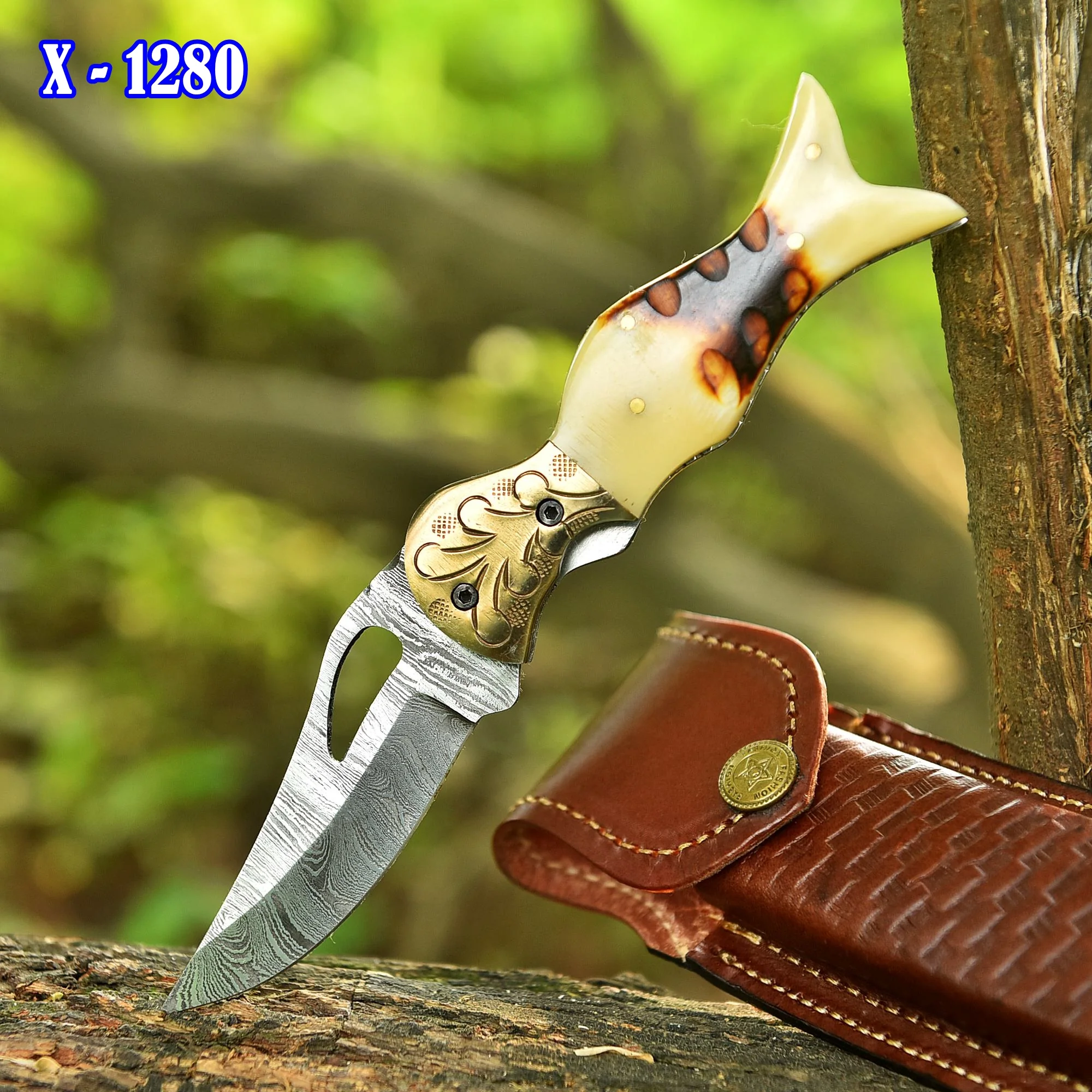 Handmade Damascus Pocket Hunting Camping Knife Camel Bone Handle - Image 2