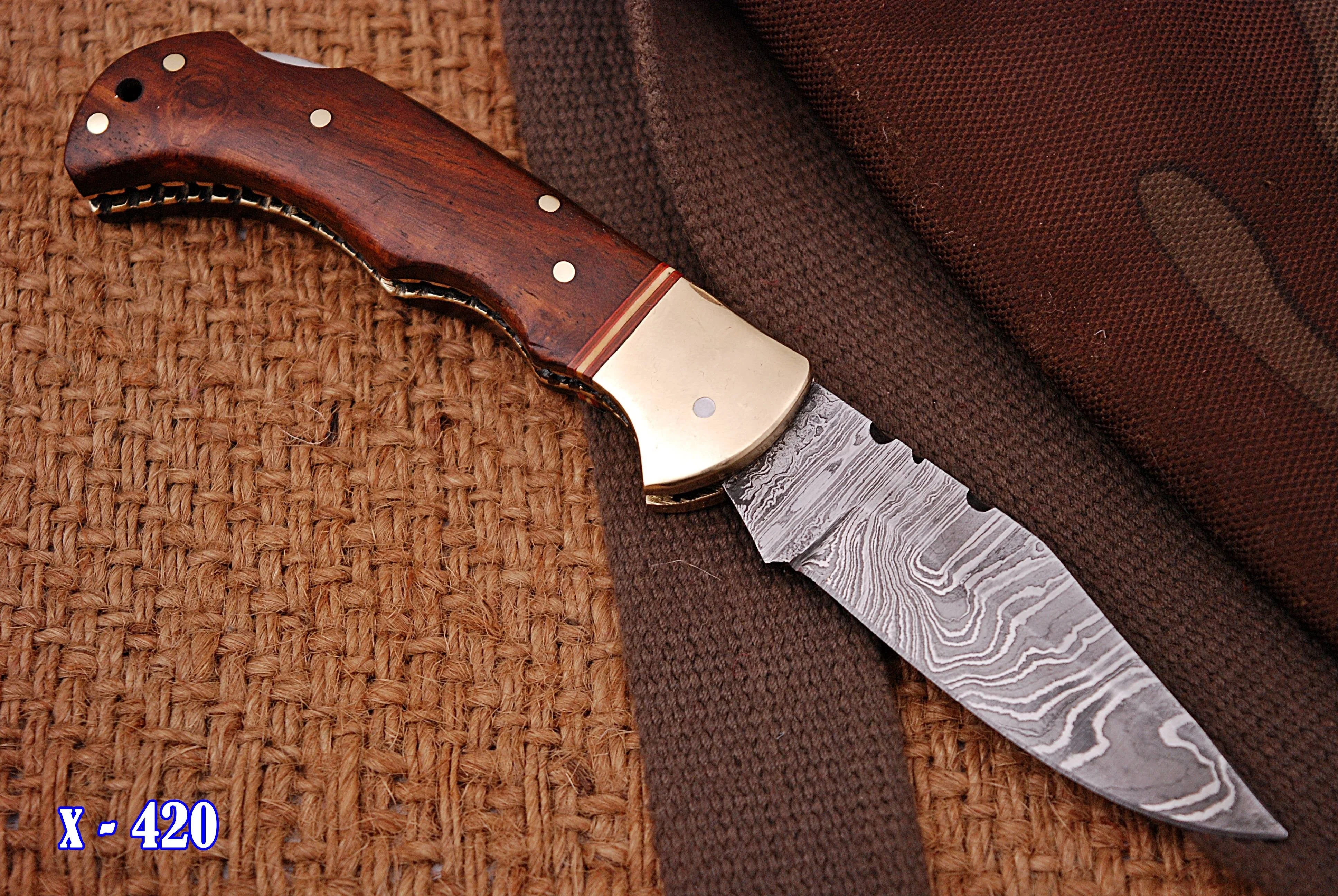 Handmade Damascus Pocket Knife - 6.5'' Back Lock Folding Knife Wood Handle - Camping Knife x-420 - Image 3