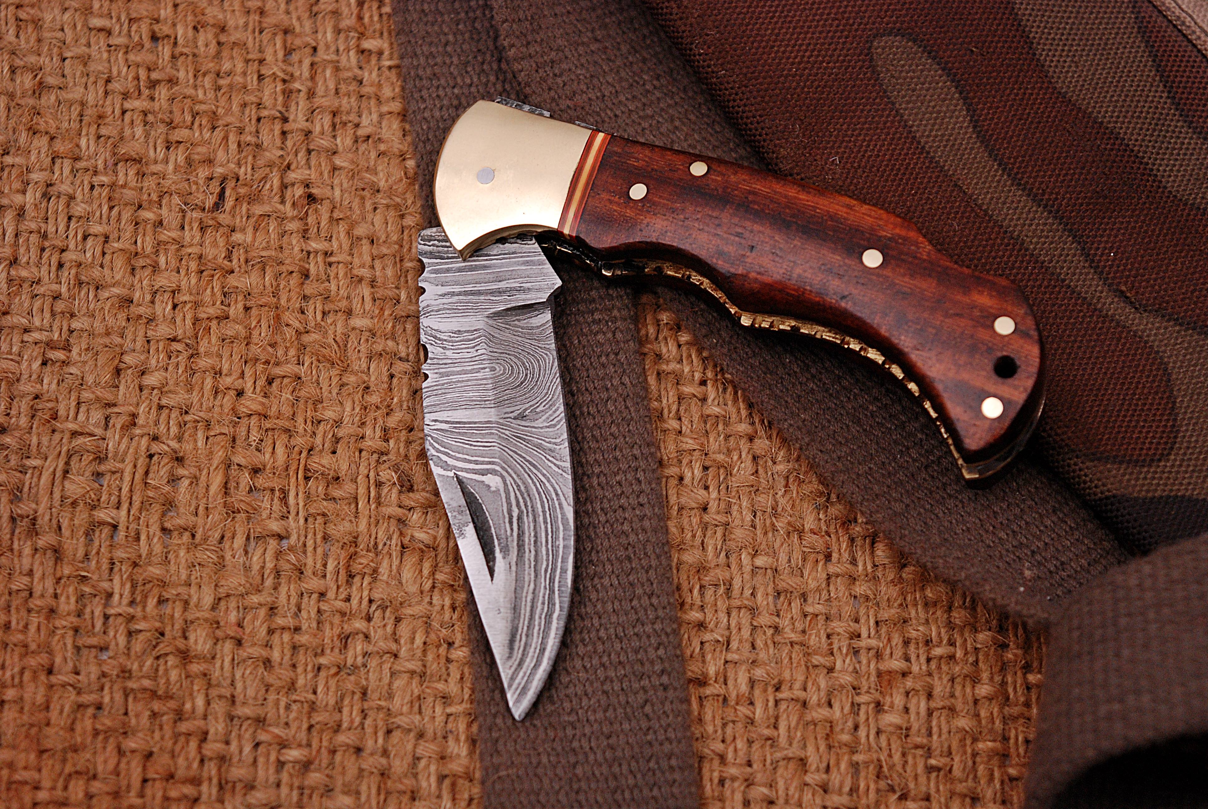 Handmade Damascus Pocket Knife - 6.5'' Back Lock Folding Knife Wood Handle - Camping Knife x-420 - Image 5