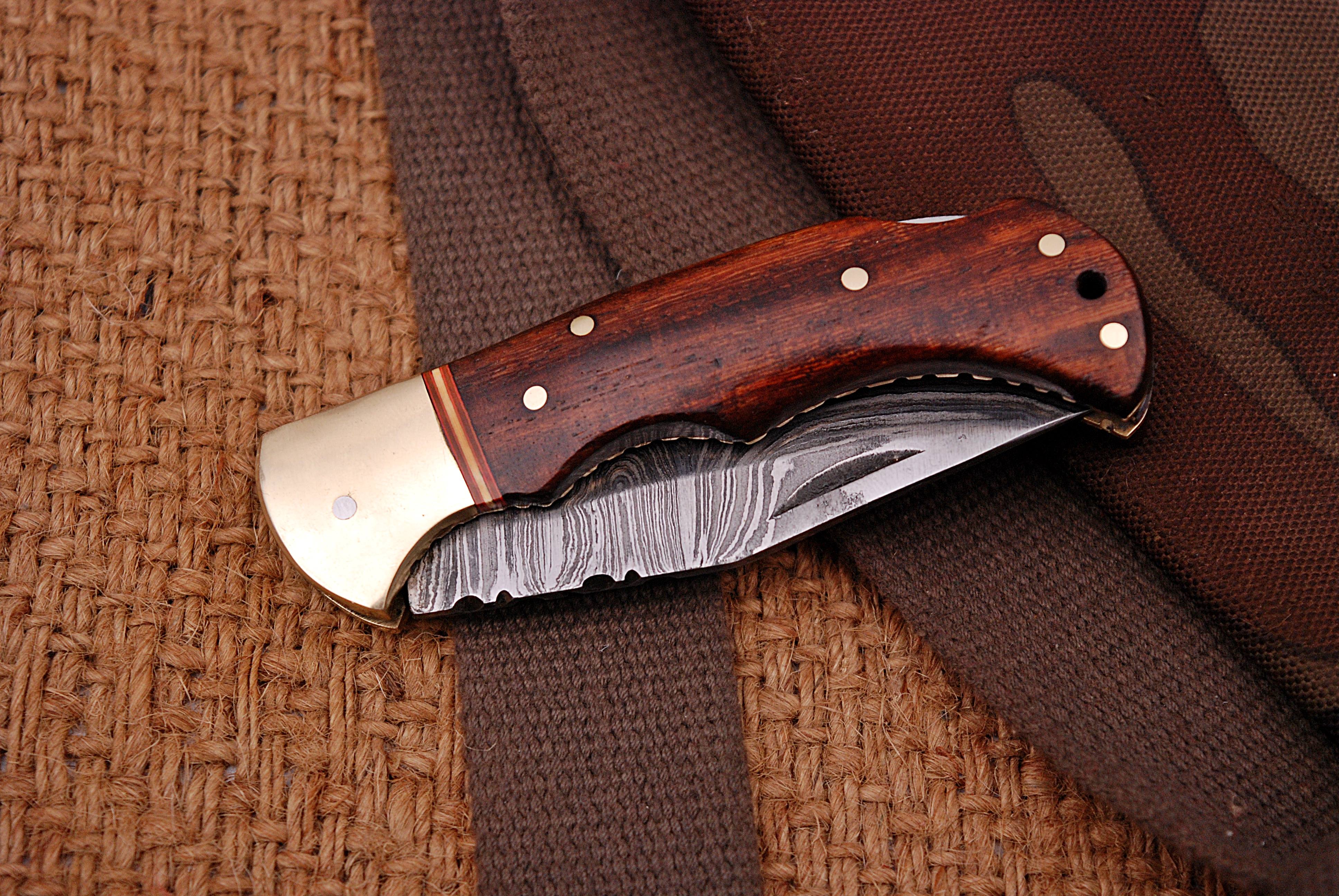 Handmade Damascus Pocket Knife - 6.5'' Back Lock Folding Knife Wood Handle - Camping Knife x-420 - Image 6