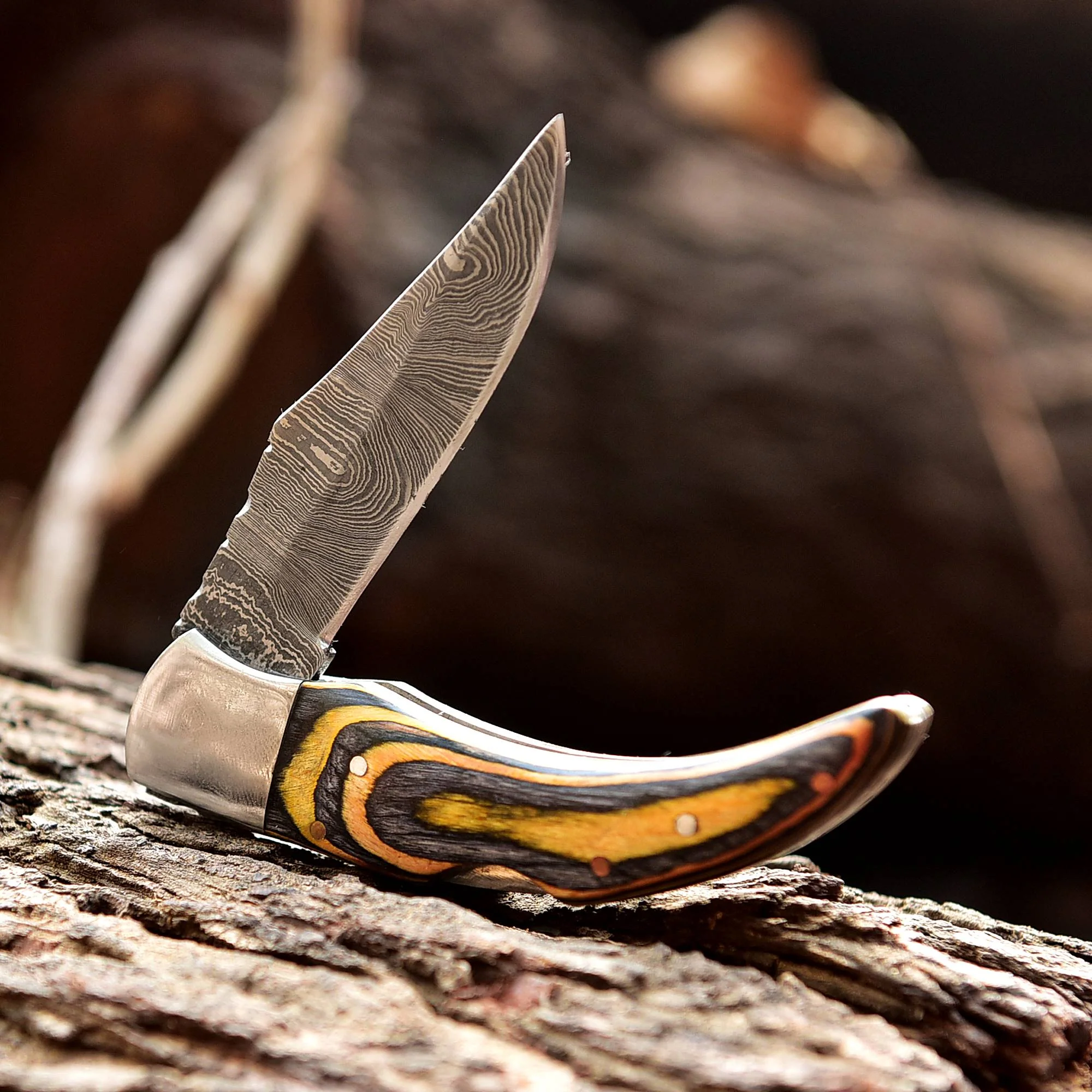Handmade Damascus Pocket knife - 6.5" Folding blade knife PakkaWood Handle - Camping Knife - Image 3