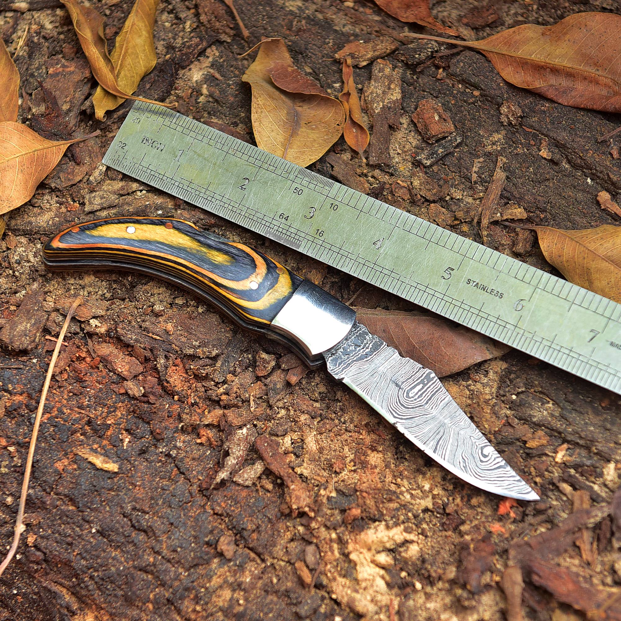 Handmade Damascus Pocket knife - 6.5" Folding blade knife PakkaWood Handle - Camping Knife - Image 4