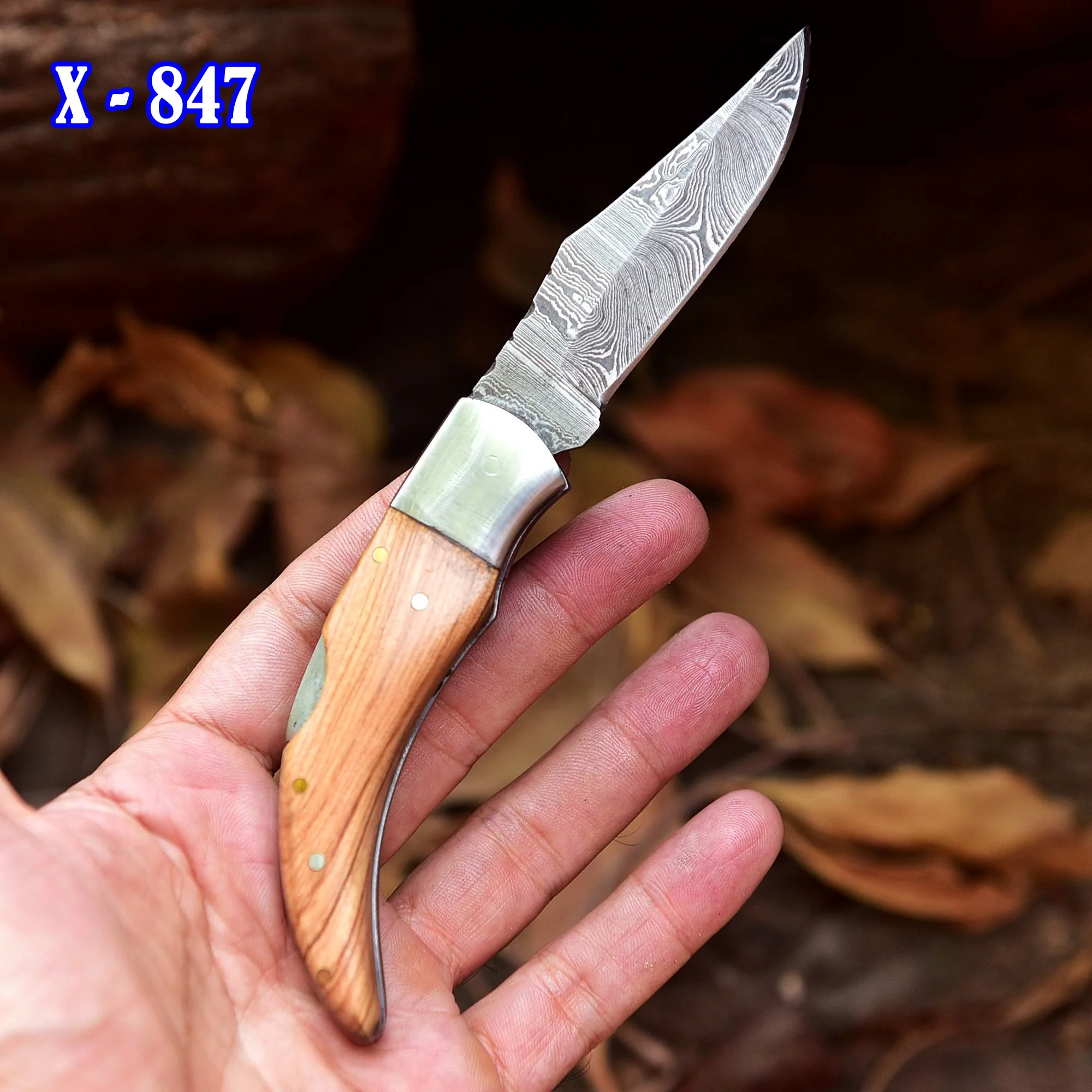 Handmade Damascus Pocket Knife Back Lock Folding Knife Wood Handle - Image 3