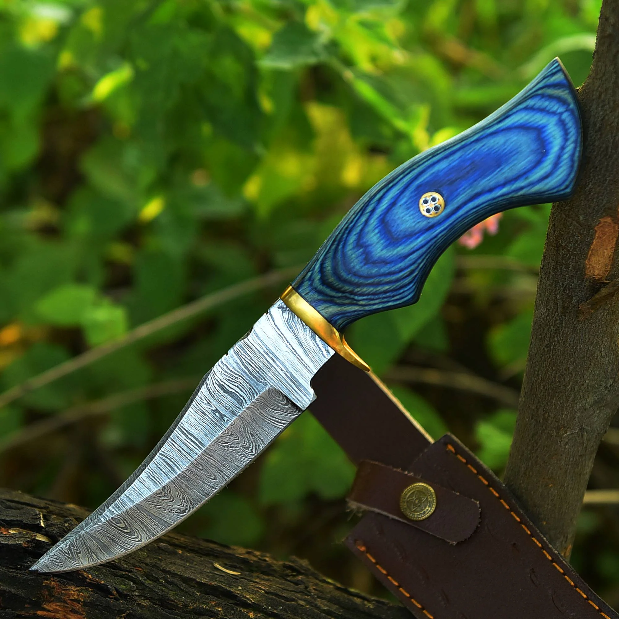 Handmade Damascus Skinning Hunting Camping Knife Wood Brass Guard Handle