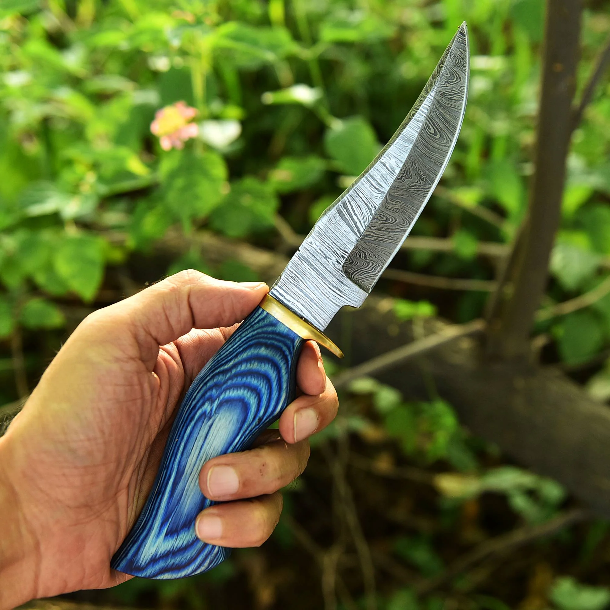 Handmade Damascus Skinning Hunting Camping Knife Wood Brass Guard Handle - Image 3