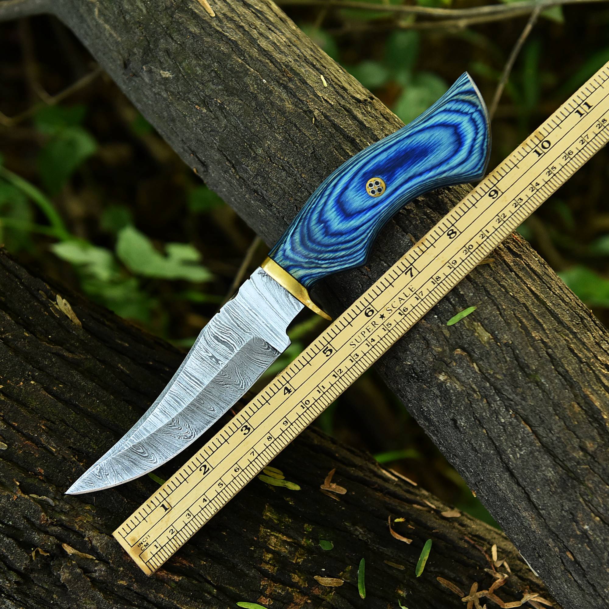 Handmade Damascus Skinning Hunting Camping Knife Wood Brass Guard Handle - Image 4