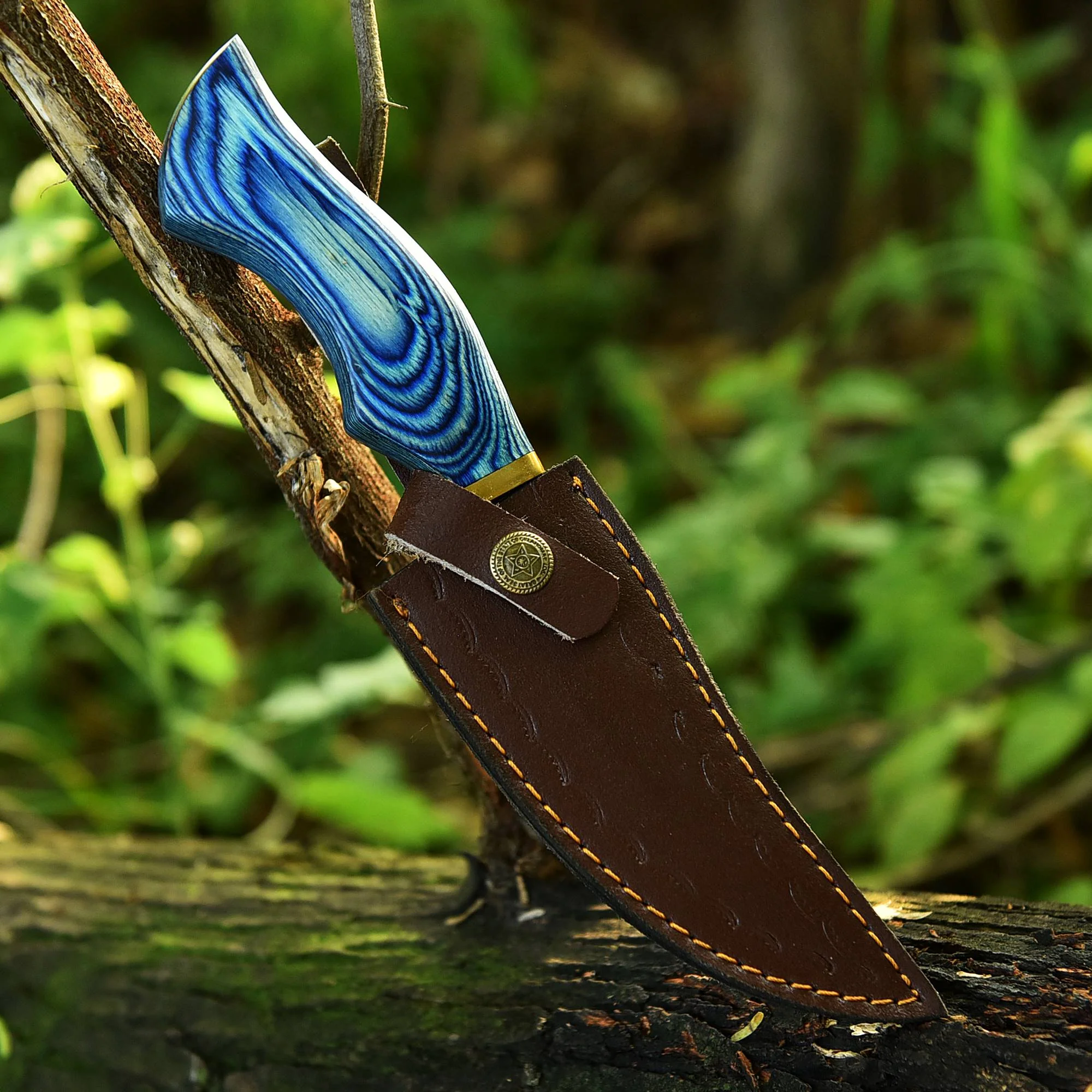 Handmade Damascus Skinning Hunting Camping Knife Wood Brass Guard Handle - Image 5