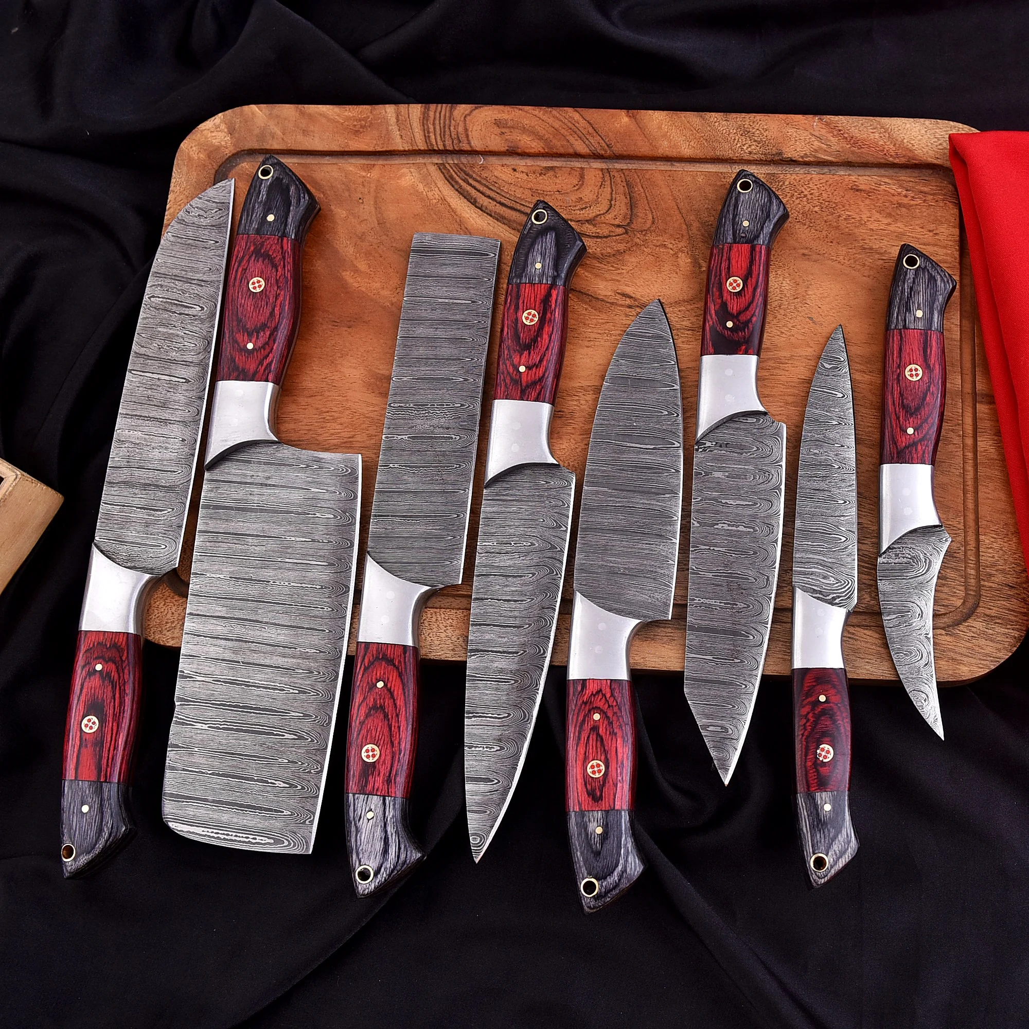 Handmade Damascus Steel 8 Pieces Chef Knife Kitchen Knife Set Wood Handle - Image 4