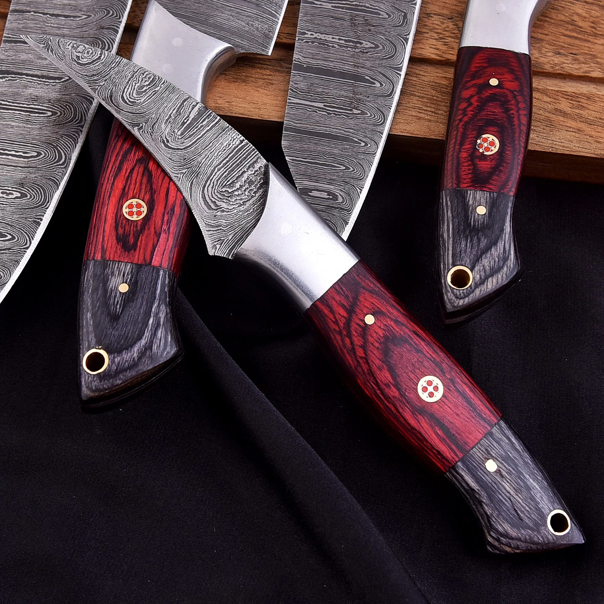Handmade Damascus Steel 8 Pieces Chef Knife Kitchen Knife Set Wood Handle - Image 5