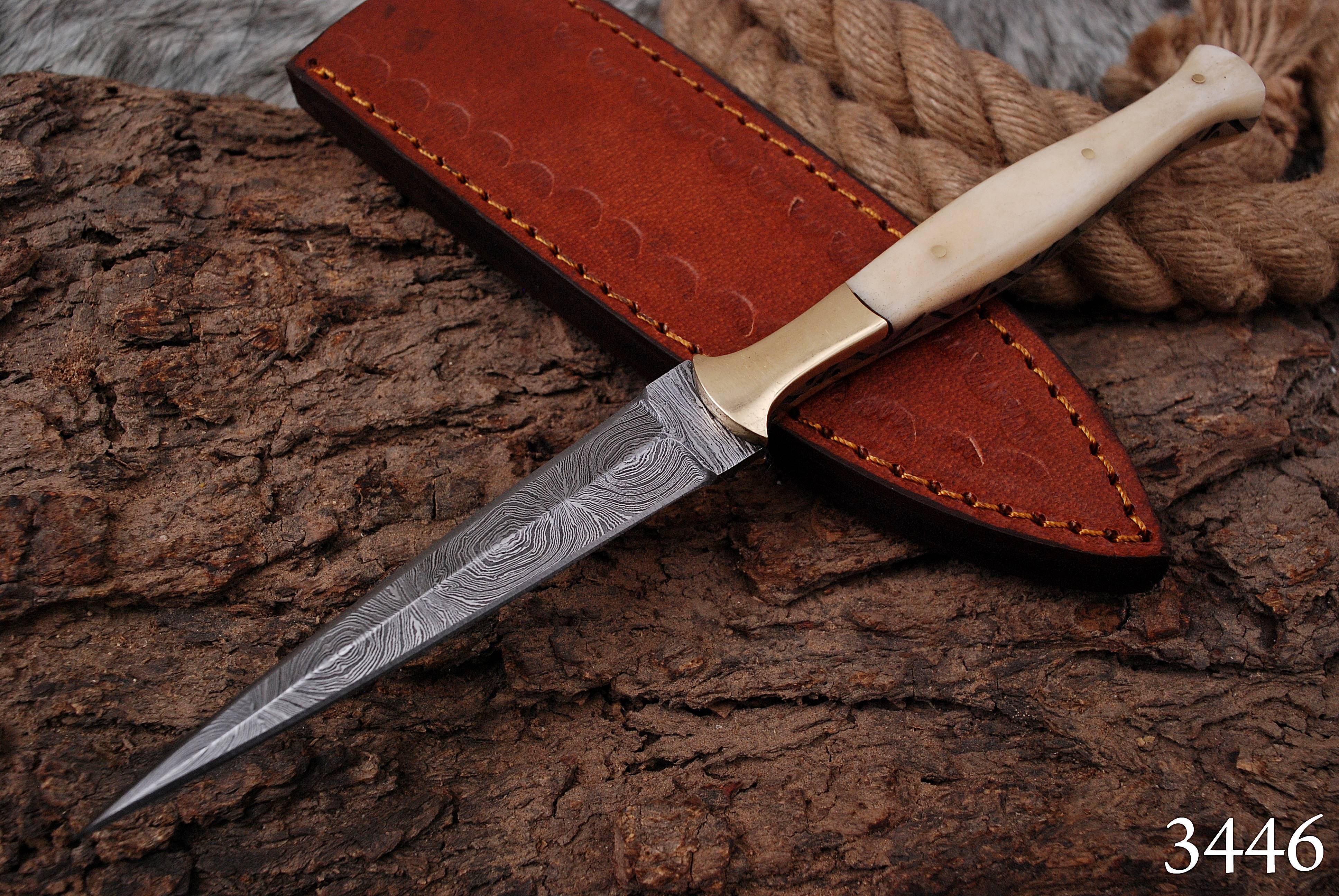 Handmade Damascus Steel Boot Knife Camel Bone Handle Brass Bolster x-148 - Image 2