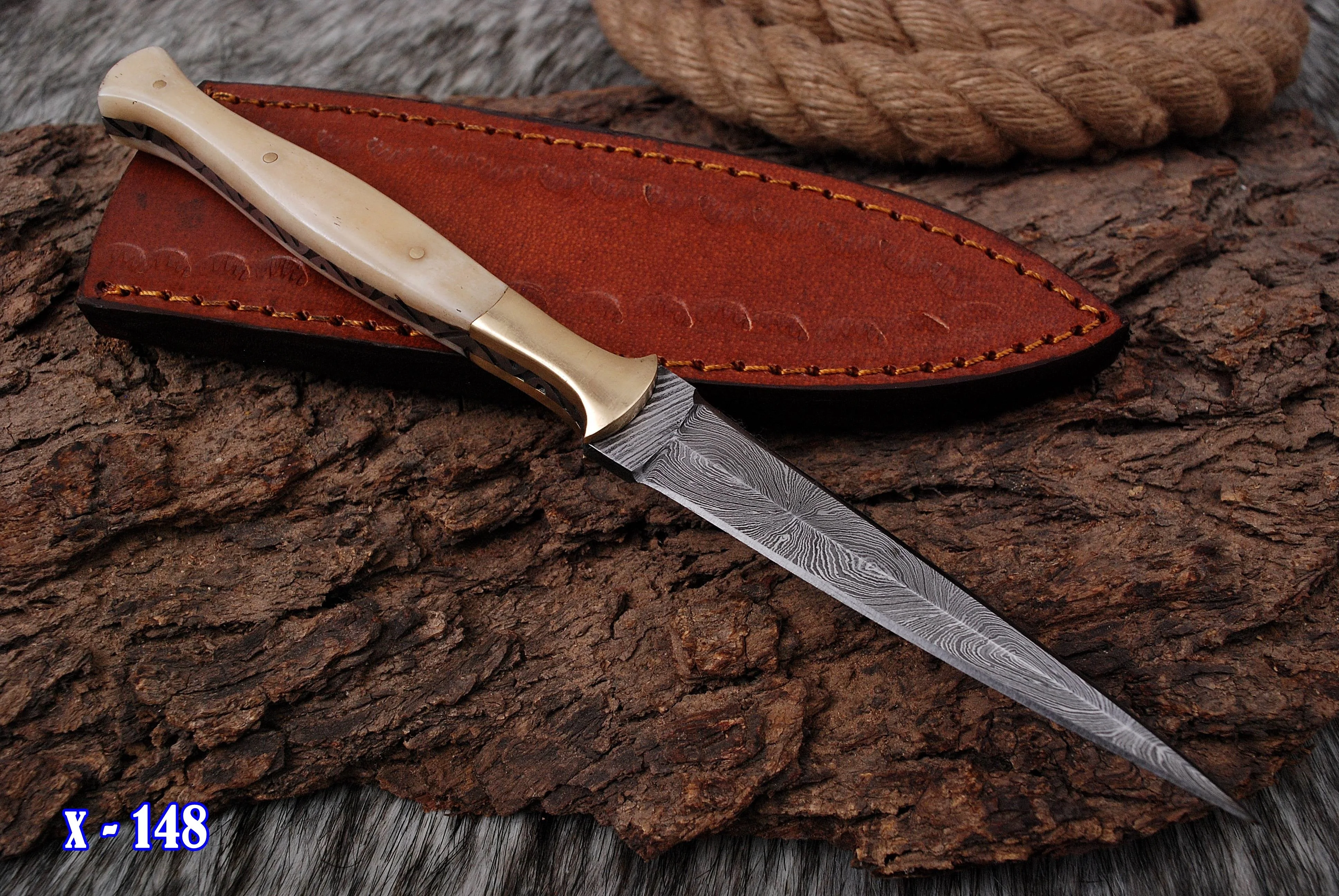 Handmade Damascus Steel Boot Knife Camel Bone Handle Brass Bolster x-148 - Image 3
