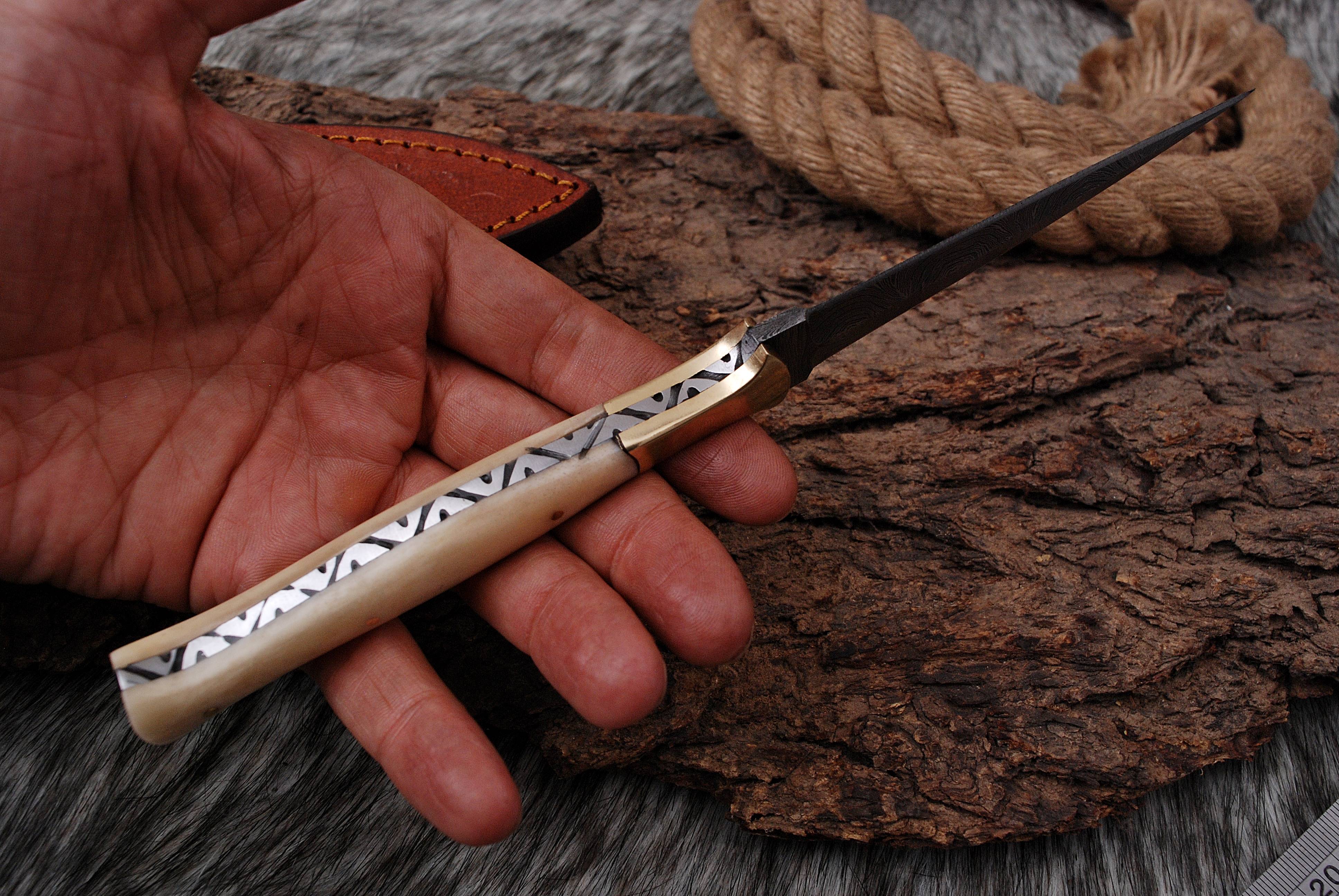 Handmade Damascus Steel Boot Knife Camel Bone Handle Brass Bolster x-148 - Image 4