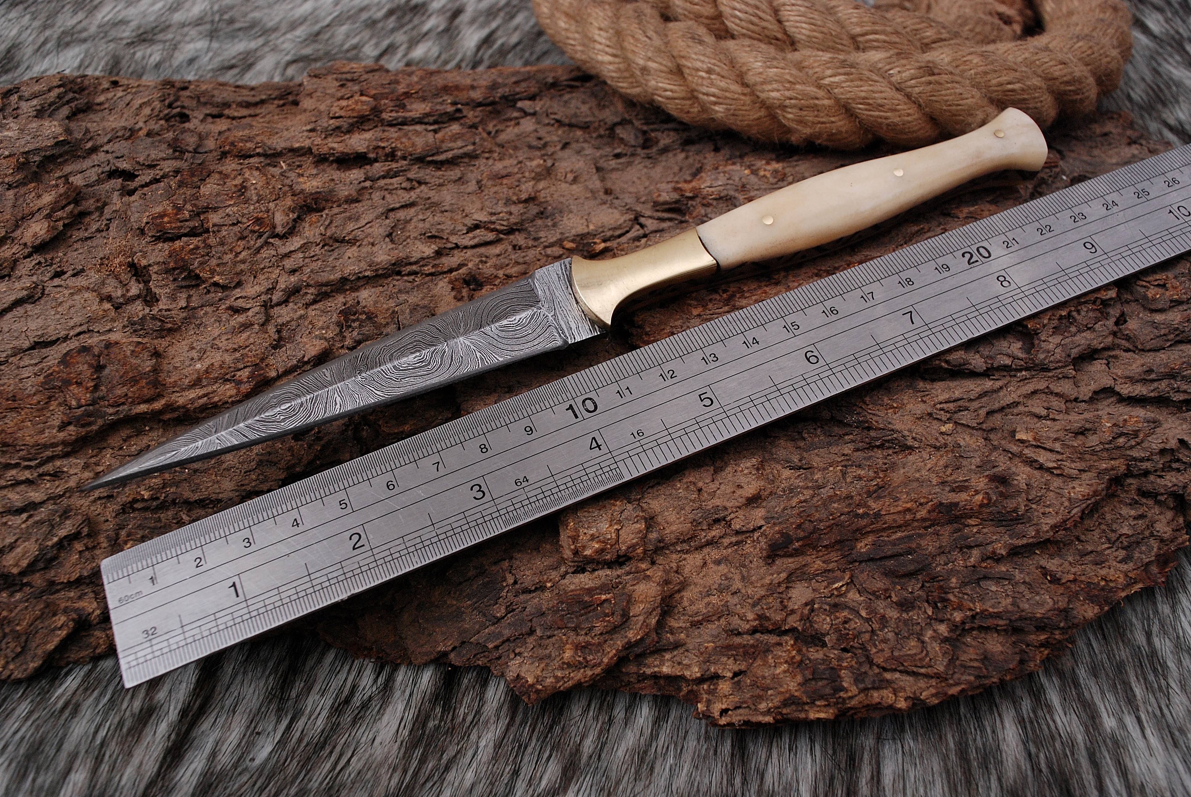 Handmade Damascus Steel Boot Knife Camel Bone Handle Brass Bolster x-148 - Image 5