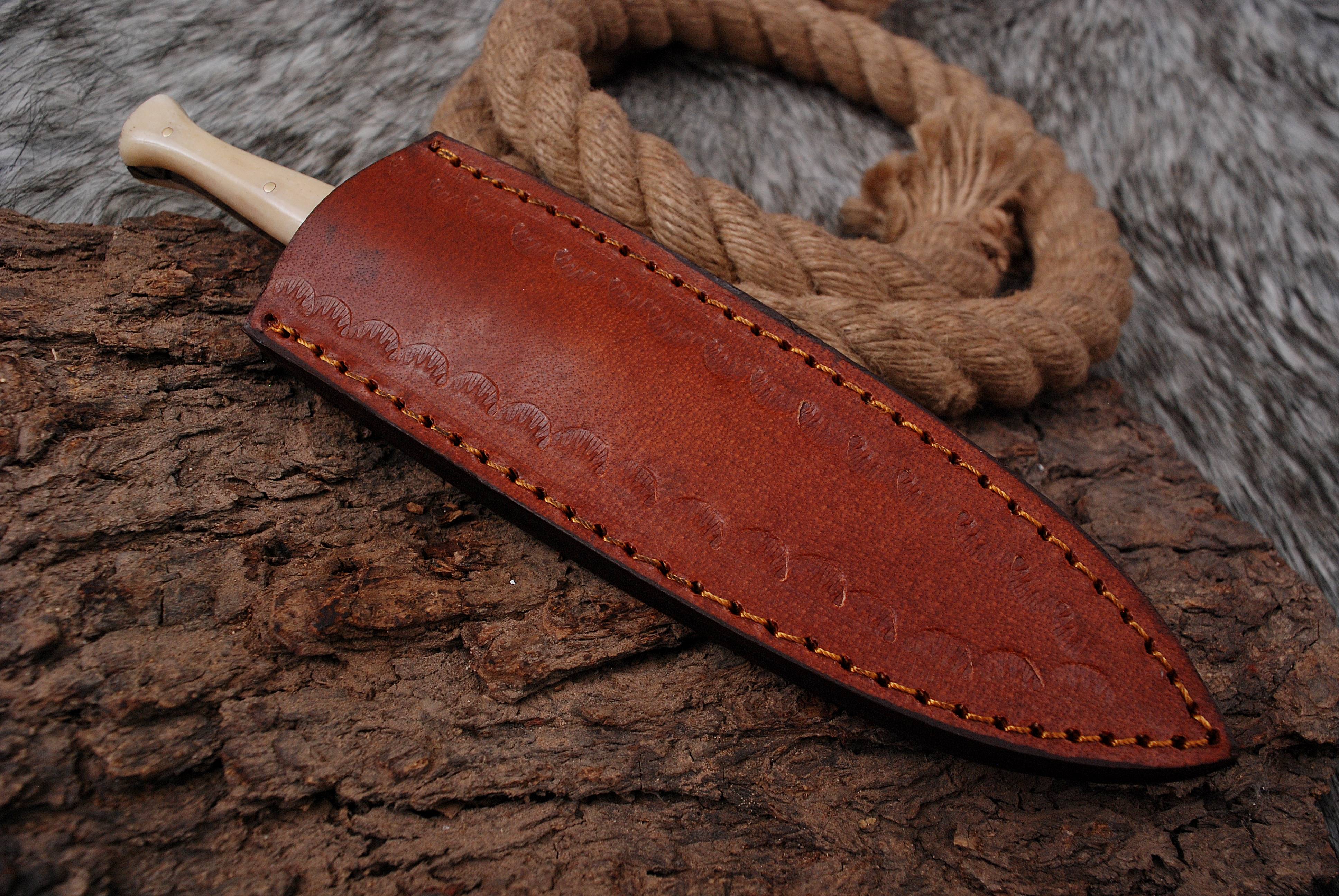 Handmade Damascus Steel Boot Knife Camel Bone Handle Brass Bolster x-148 - Image 6