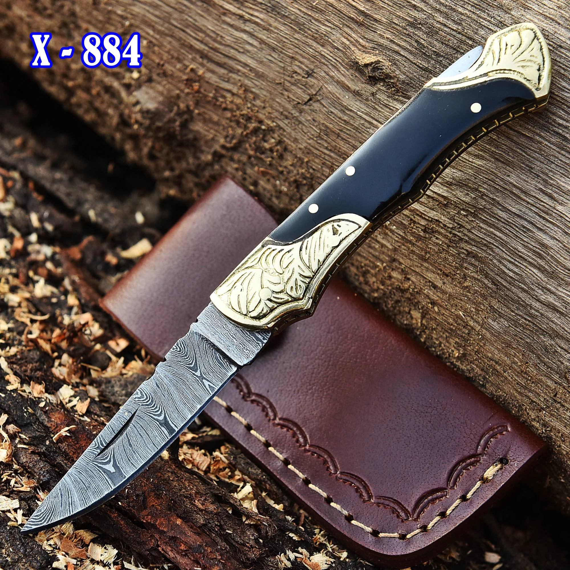 Handmade Damascus Steel Camping Hiking EDC Pocket Knife With Sheath - Image 2