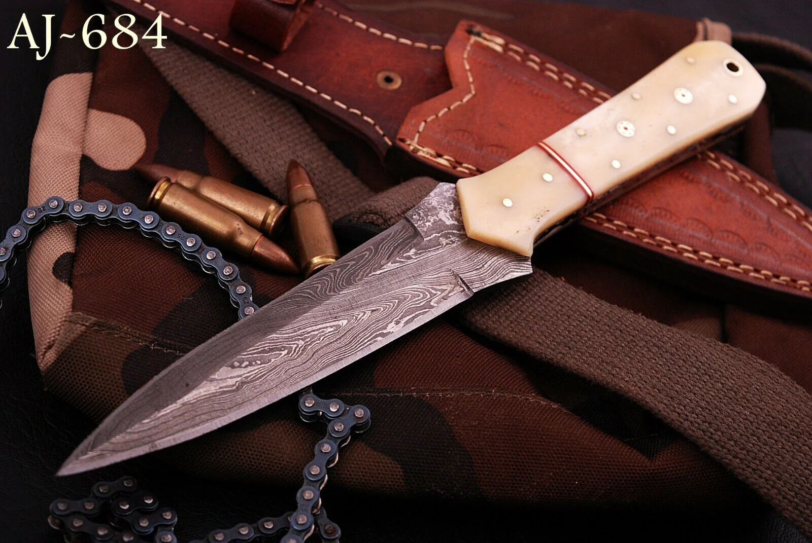 Handmade Damascus Steel Dagger Knife Camel Bone Handle Full Tang - Image 2